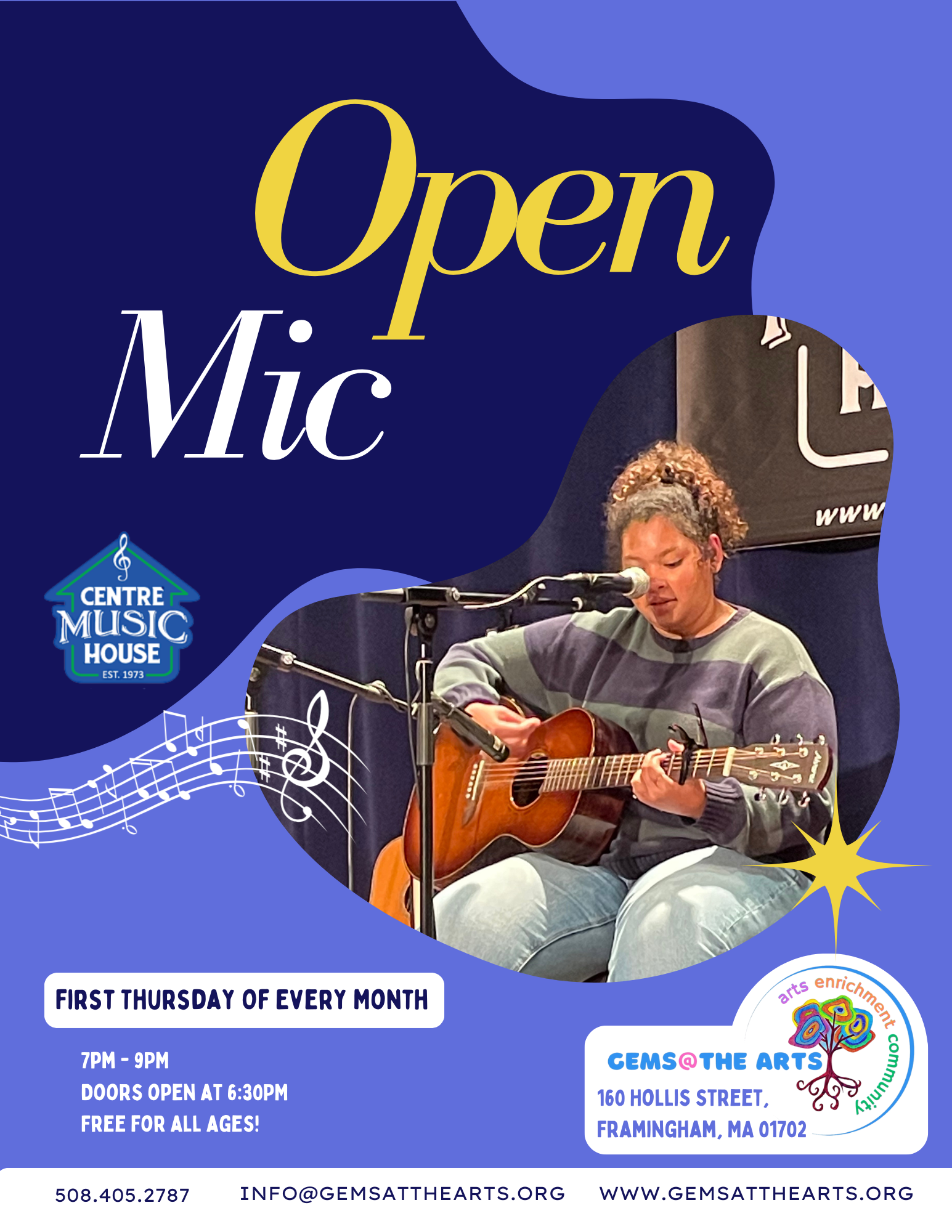 Poster for Centre Music House Open Mic Night, featuring an illustration of a red brick building with trees and bushes, with info about the event including date, time, and location.