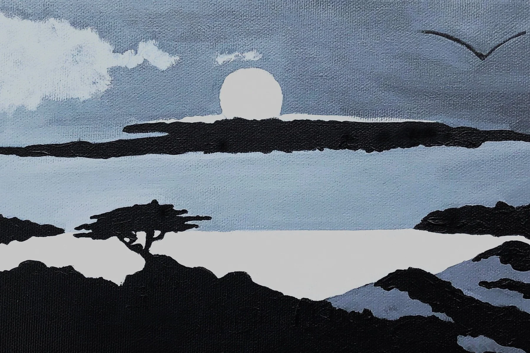 Lone Cypress Moon #1. Acrylic on canvas, 8 x 12 inches.
