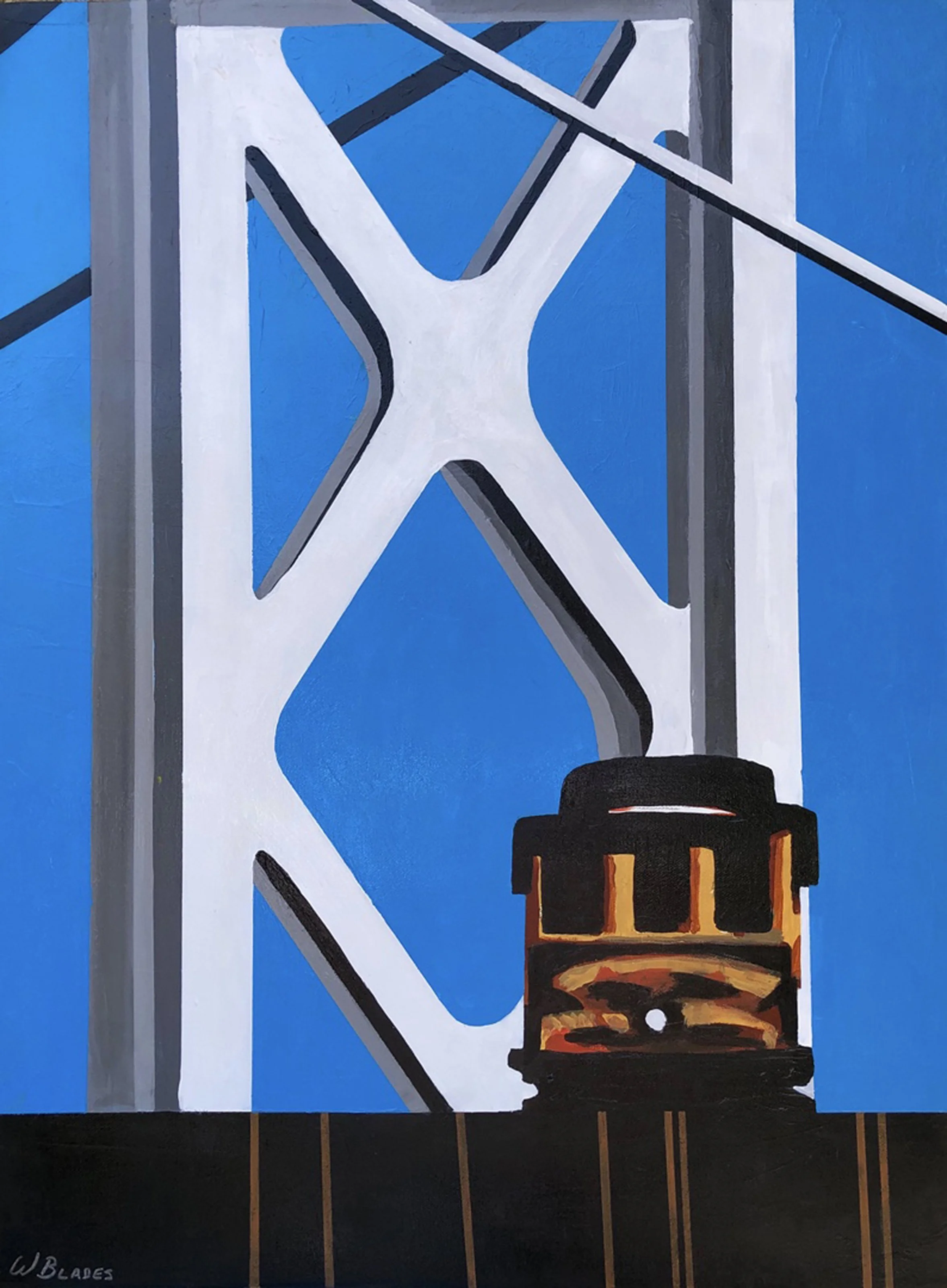 Cable Car - Bay Bridge #1. Acrylic on canvas, 16 x 20 inches.