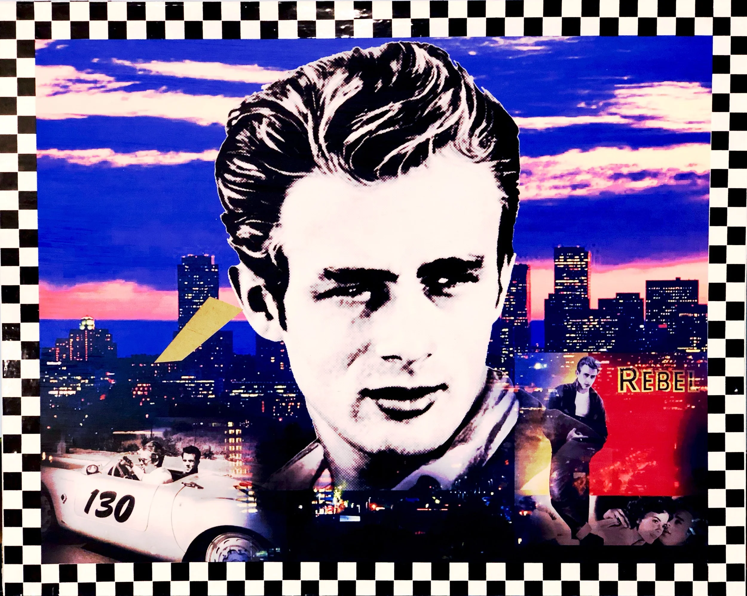 James Dean Collage #1. Mixed media on wood; acrylic resin coating, 18 x 22 inches.