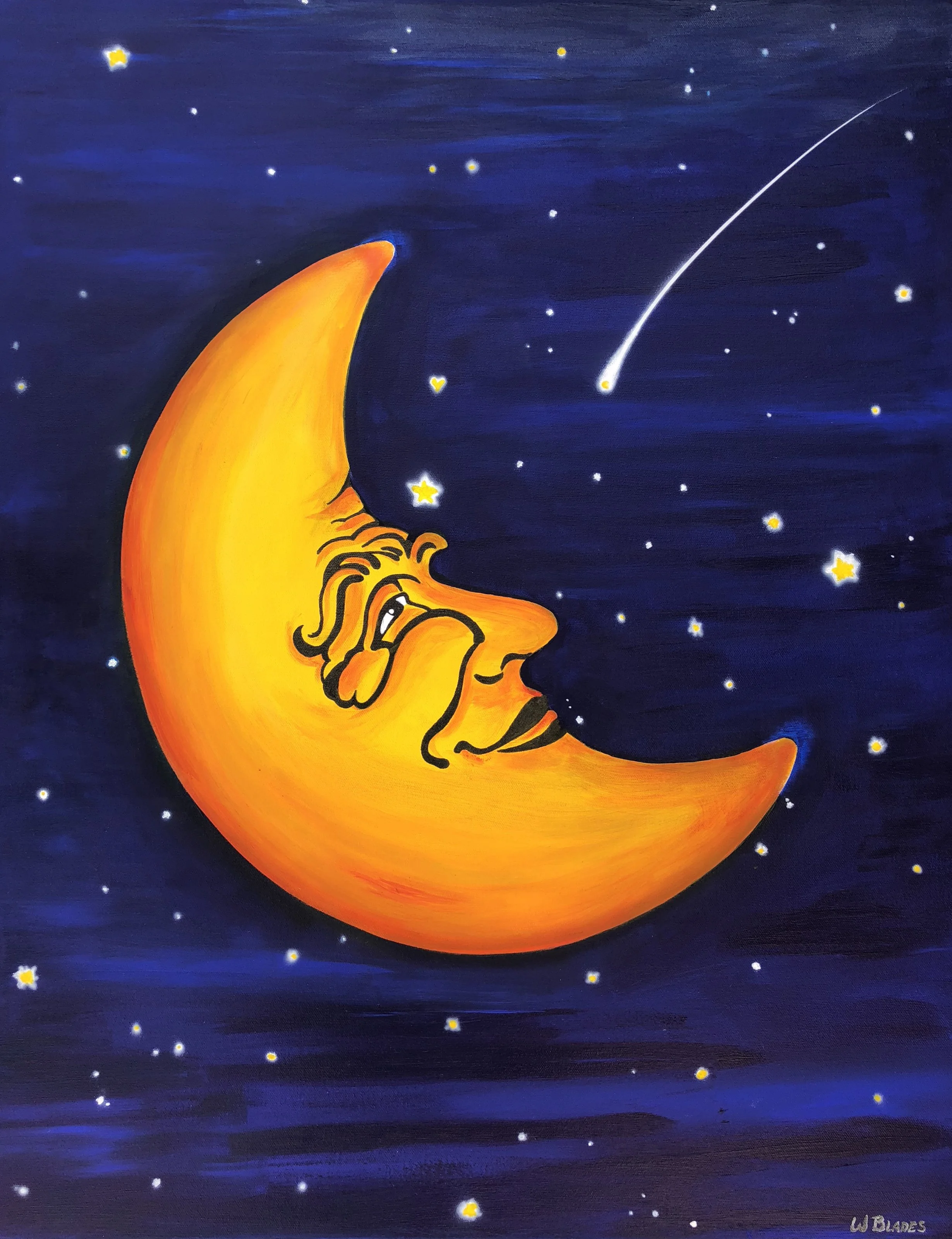 Mr. Moon and Stars (for Naomi). Acrylic on canvas, 11 x 14 inches.