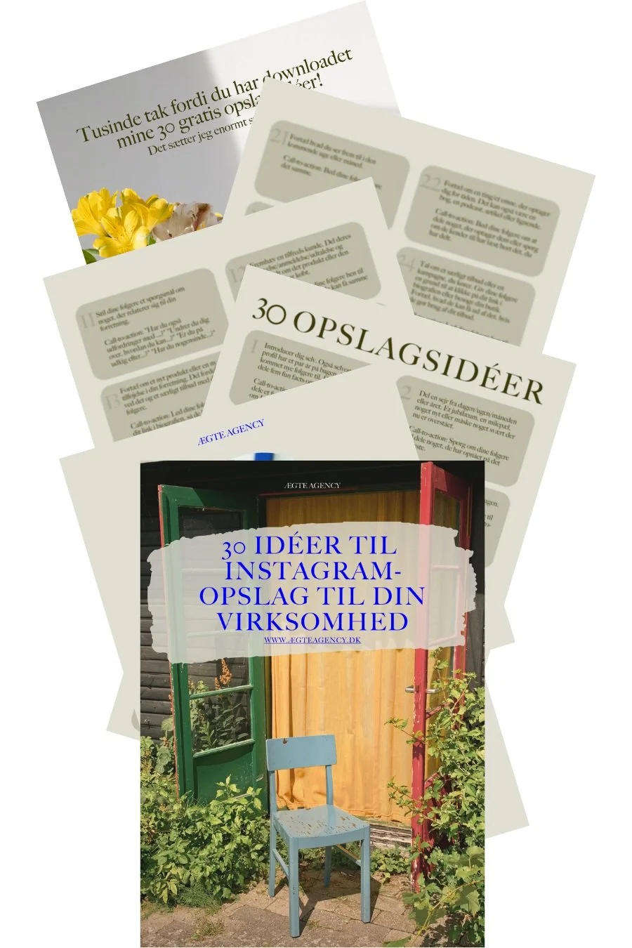 Hæfte med titlen '30 idéer til Instagram-opslag til din virksomhed', tekst og billeder af blomster og en stol foran en havedør.