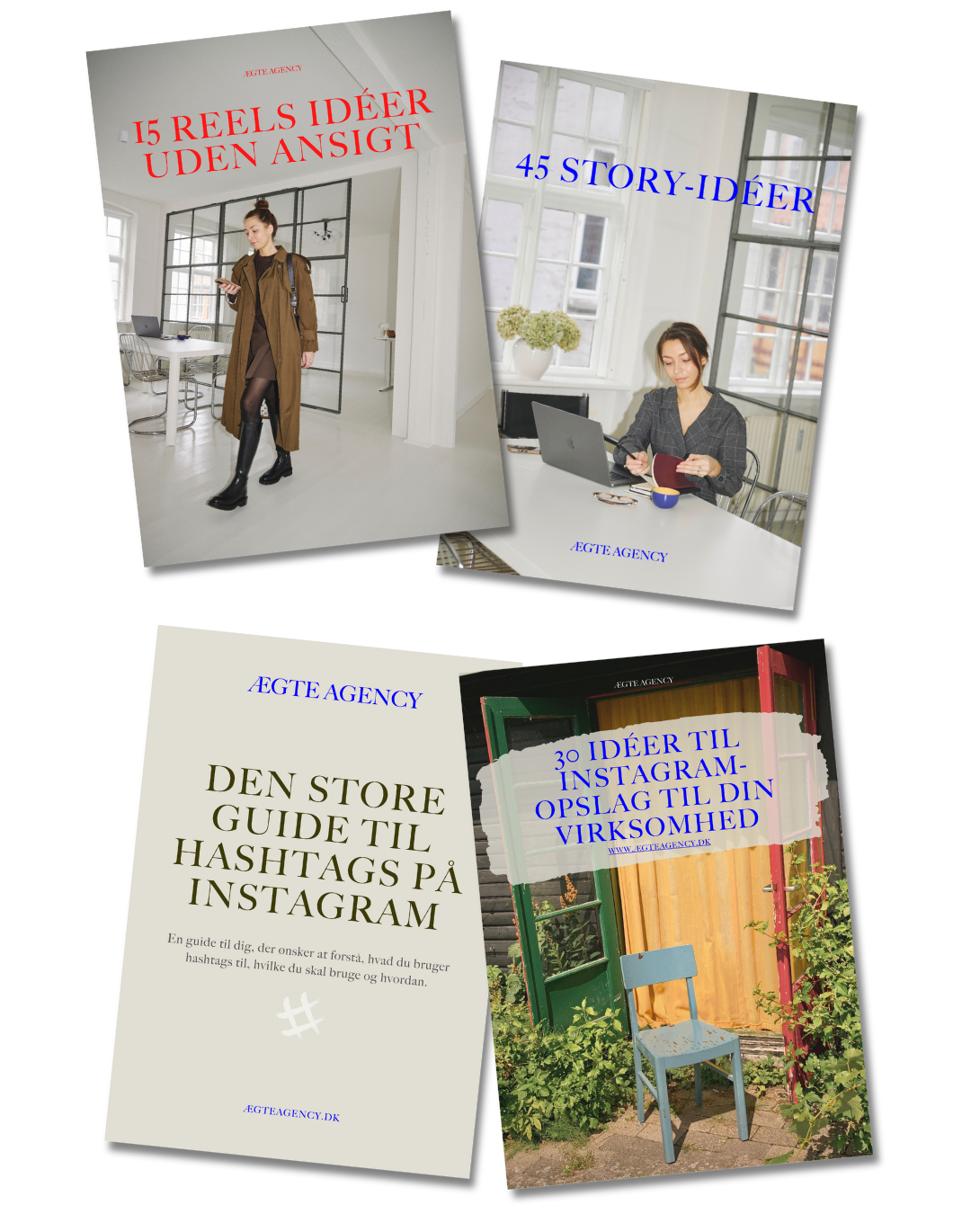 Billeder af forskellige guides og ideer til sociale medier, herunder 15 ideer uden ansigt, 45 story-ideer, en guide til hashtags på Instagram, og 30 ideer til Instagram-opslag til din virksomhed.