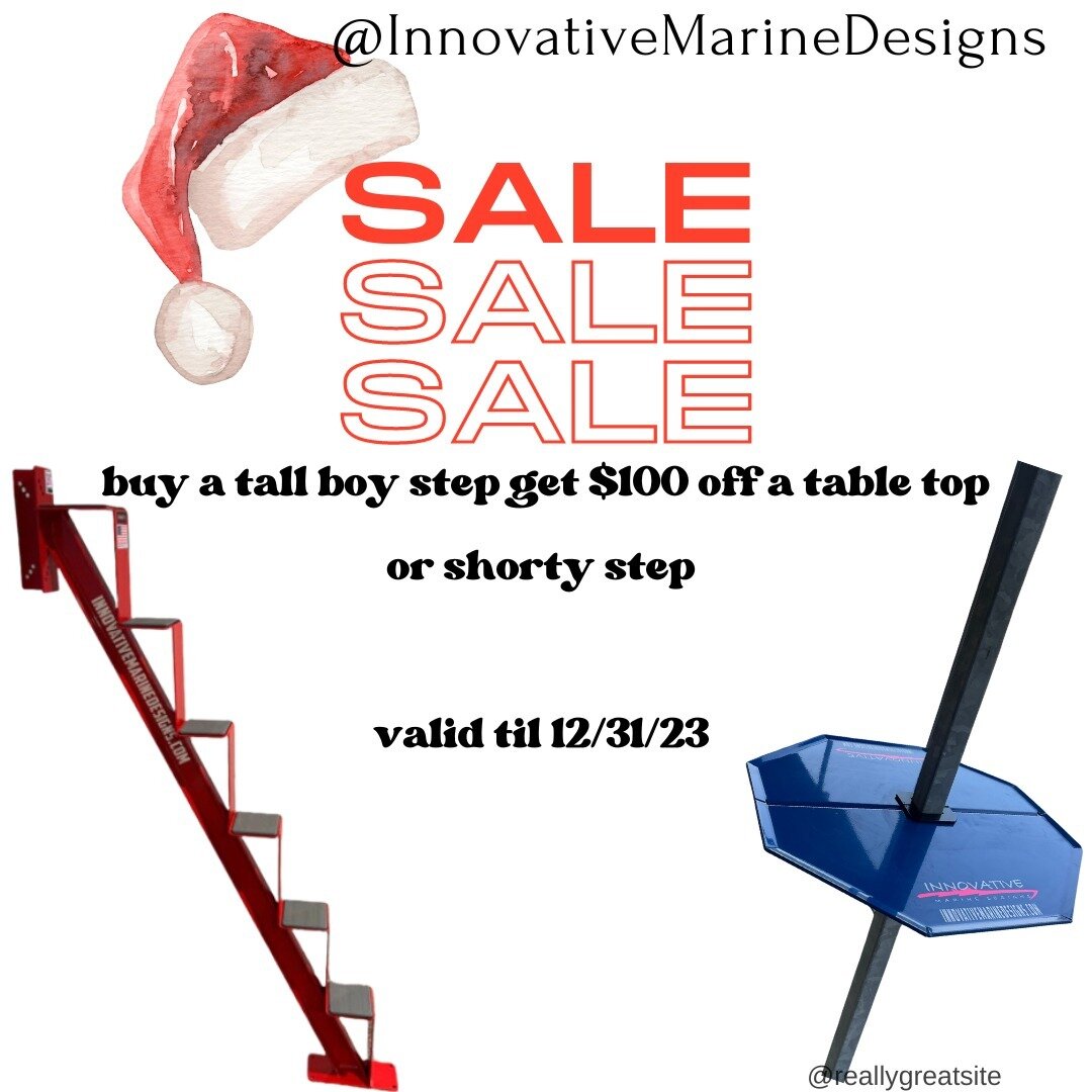Merry Christmas and Happy Holidays to everyone! 
When you purchase a Tall Boy set of steps, receive $100 off a Shorty set, or a Docktop Table! Valid through 12/31/23! Get your orders in today!
www.innovativemarinedesigns.com
#downwithopc #boating #bo