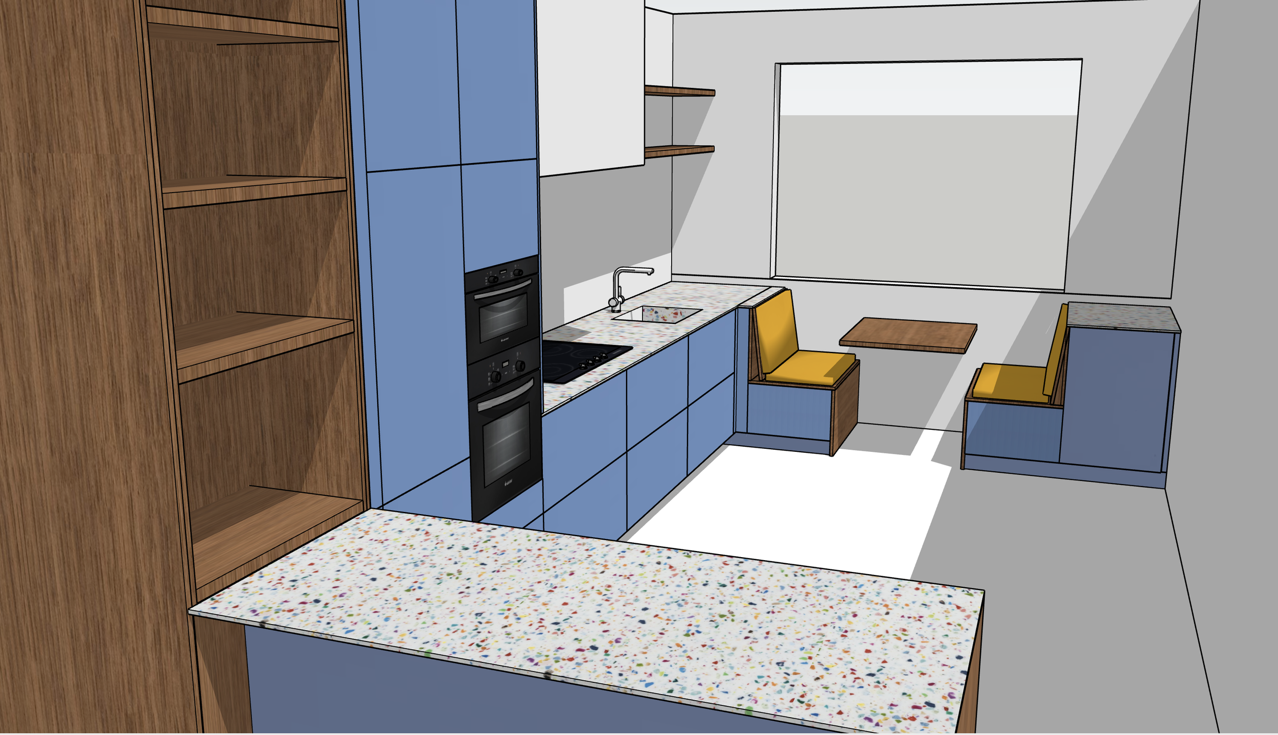 Moderne, lichte keuken met een eiland, pootje en gootsteen, grote ramen met witte gordijnen, planten, en een minimalistisch ontwerp.