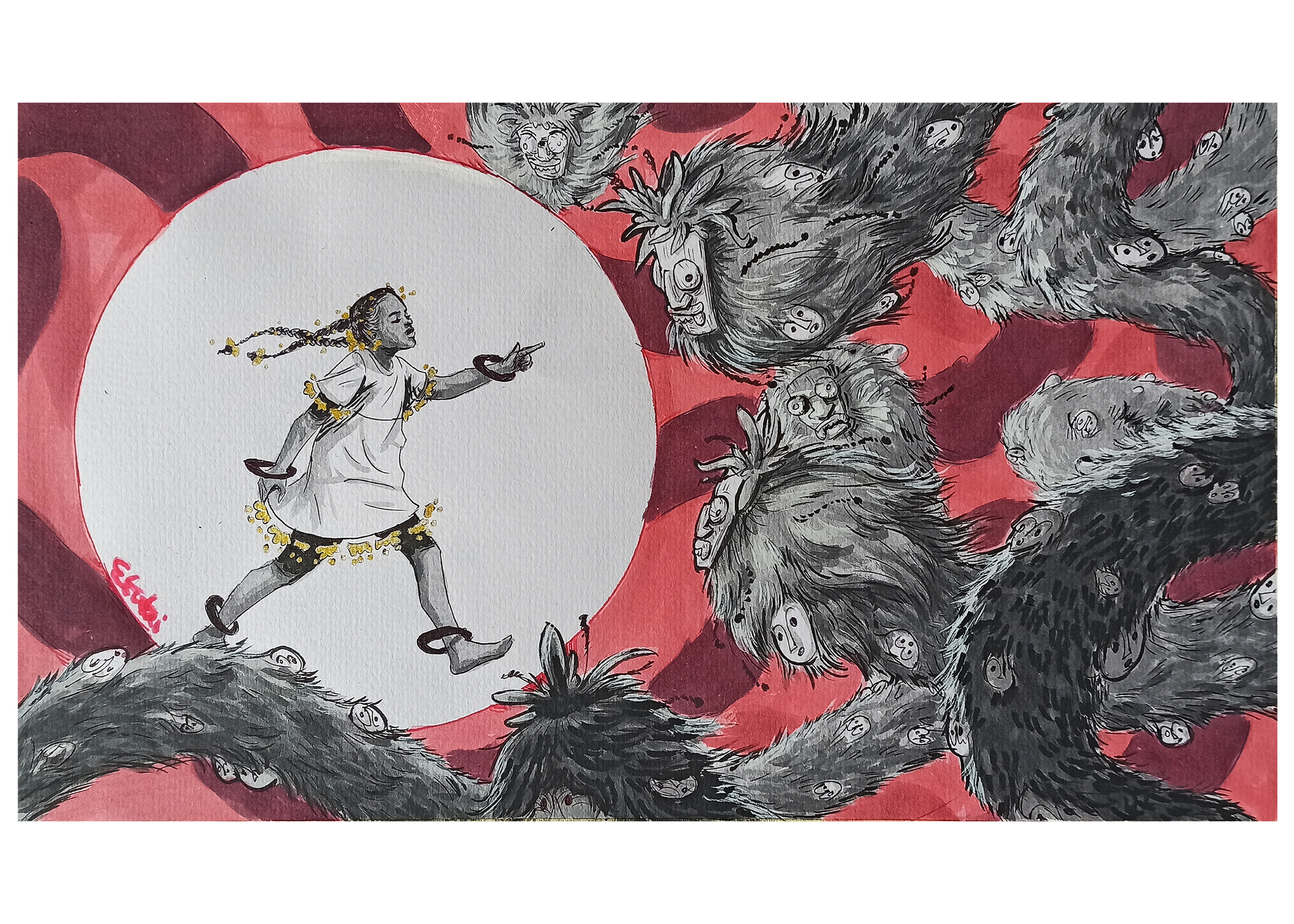 Illustration of a young person in white clothing moving forward through a circular white space while surrounded by large dark, furry creatures against a red patterned background.