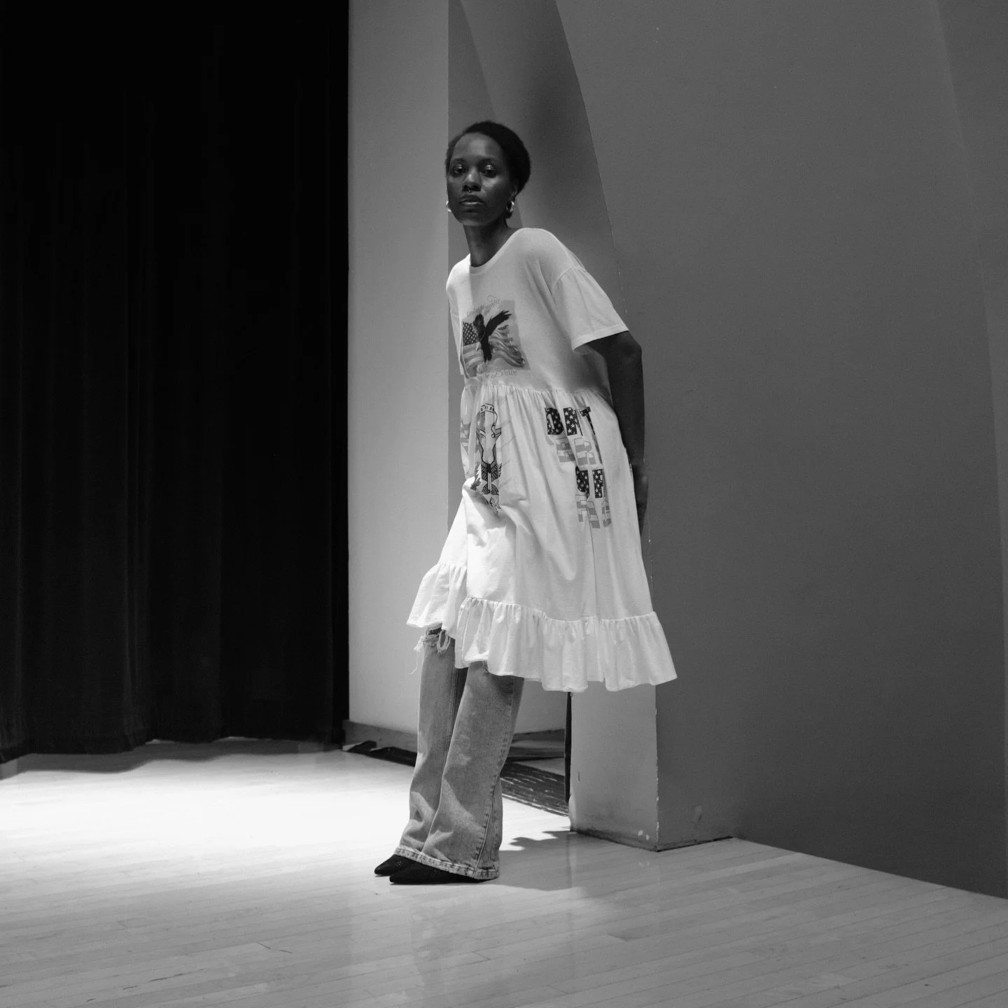 I&rsquo;m interested in what happens when patriotic imagery is reworked and styled on black bodies. This babydoll dress is constructed from a pastiche of patriotic T-shirts, bringing those fragments together into a new form and a new statement.