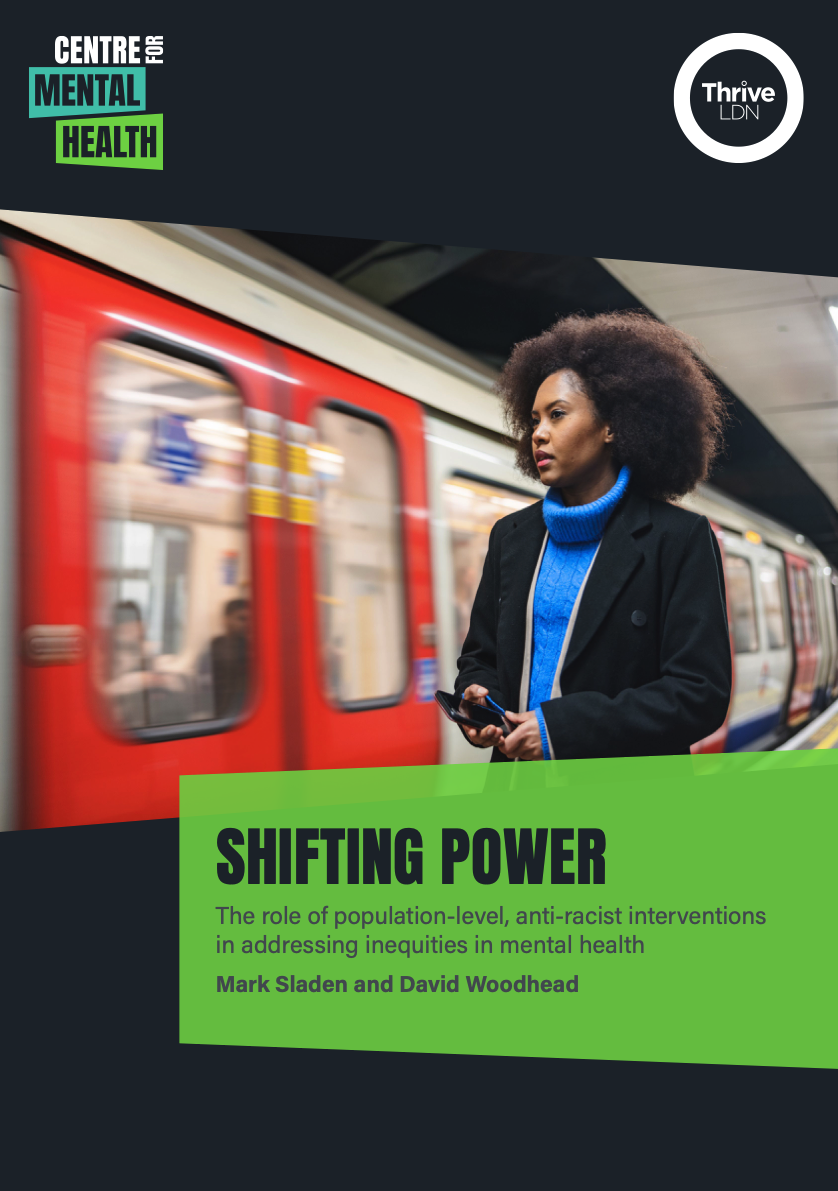 Cover of Shifting power report showing a black woman standing in next to a moving London Underground train.