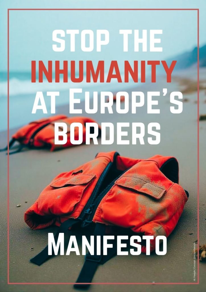 Cover image of manifesto. Two orange lifejackets lie on a beach with waves visible in the background. Big bold text overlaid on the image says 'STOP THE INHUMANITY AT EUROPE'S BORDERS'