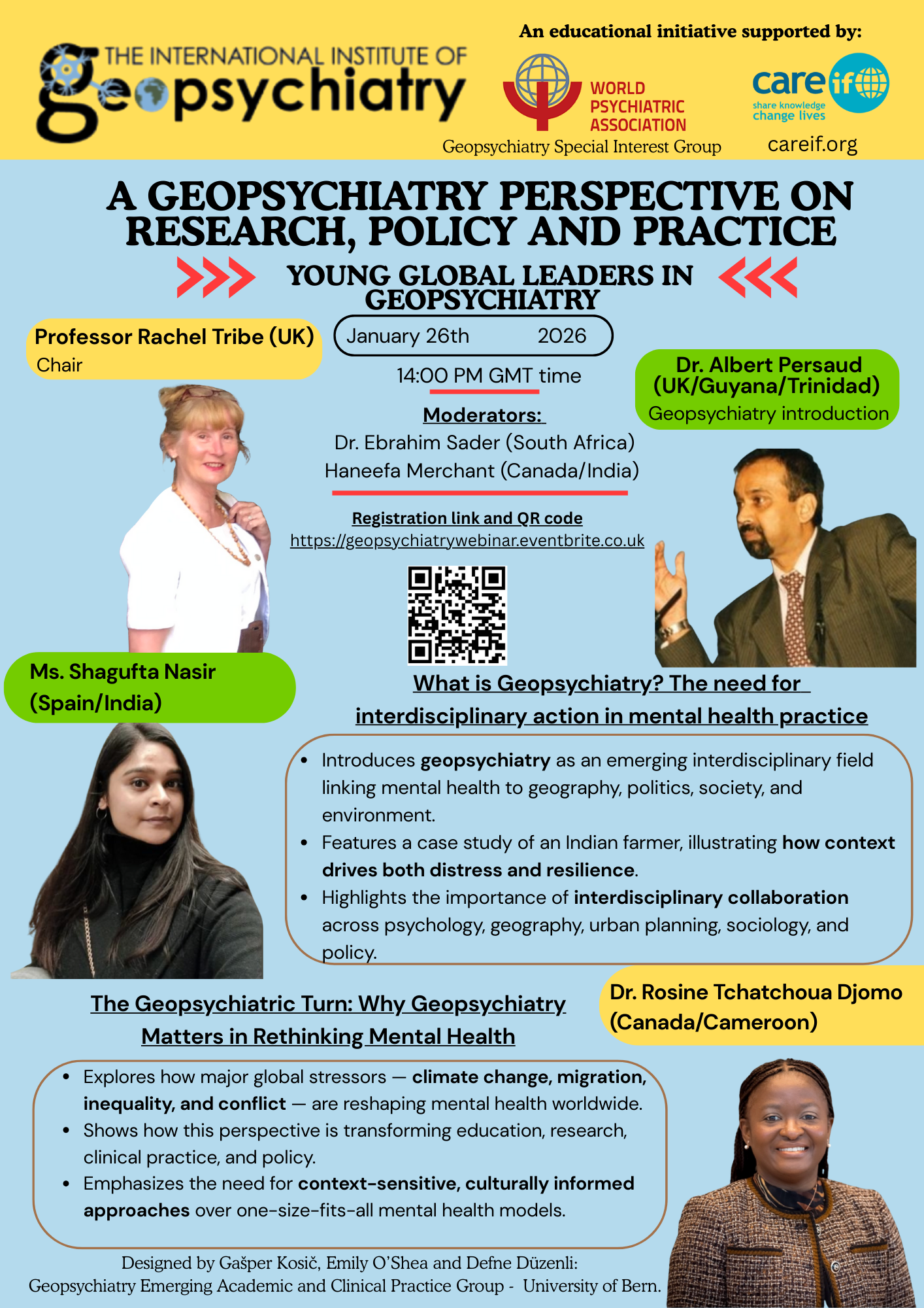 Flyer for geopsychiatry webinar listing details of geopsychiatry as a field and names (and pictures) of people presenting.