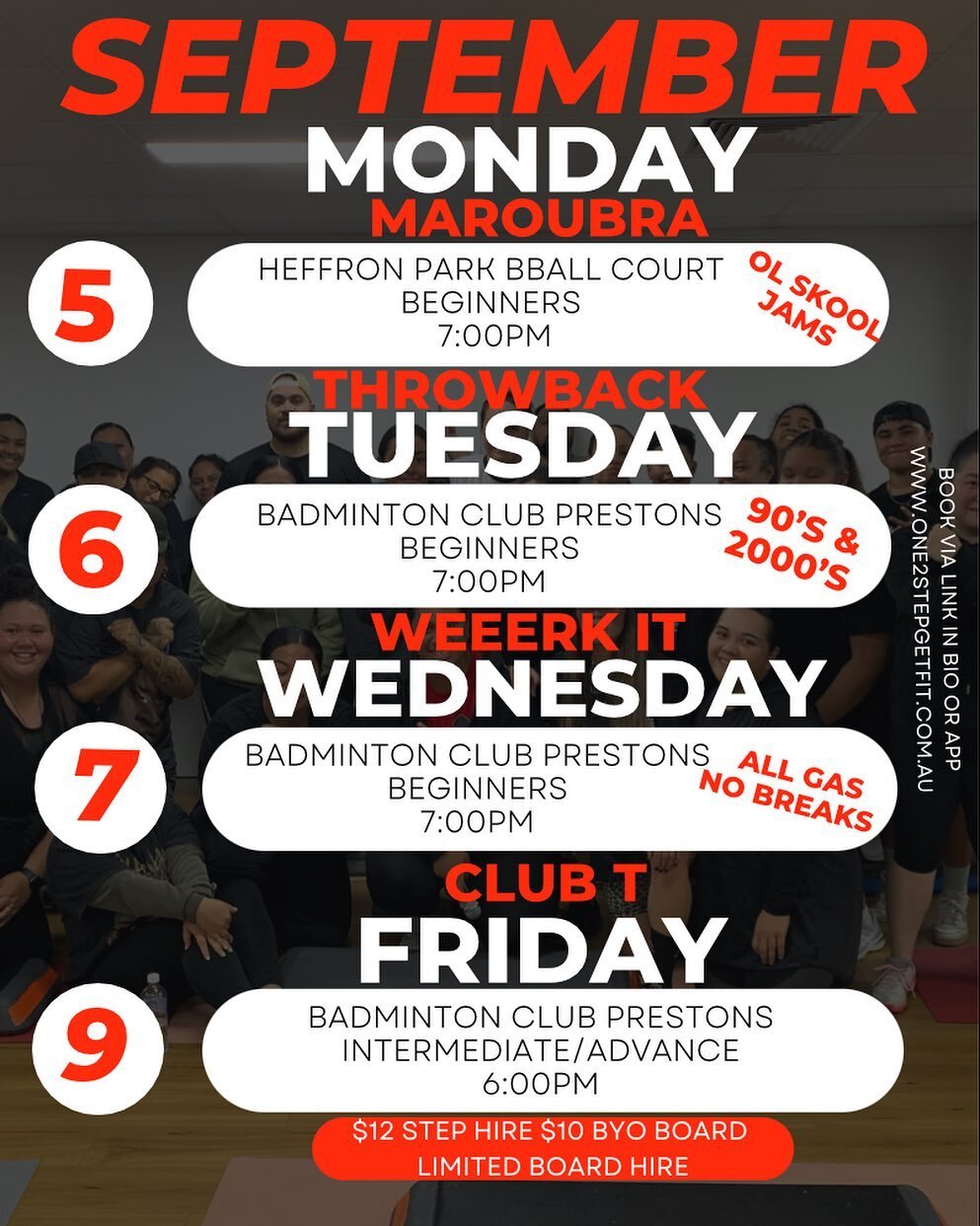 Schedule for the week

🔴Monday Maroubra - Looks like it&rsquo;s going to rain again 😩 but, I&rsquo;m still planning on it just incase it changes. We&rsquo;re still looking to secure a indoor space so classes don&rsquo;t get cancelled. Xtreme Hip Ho
