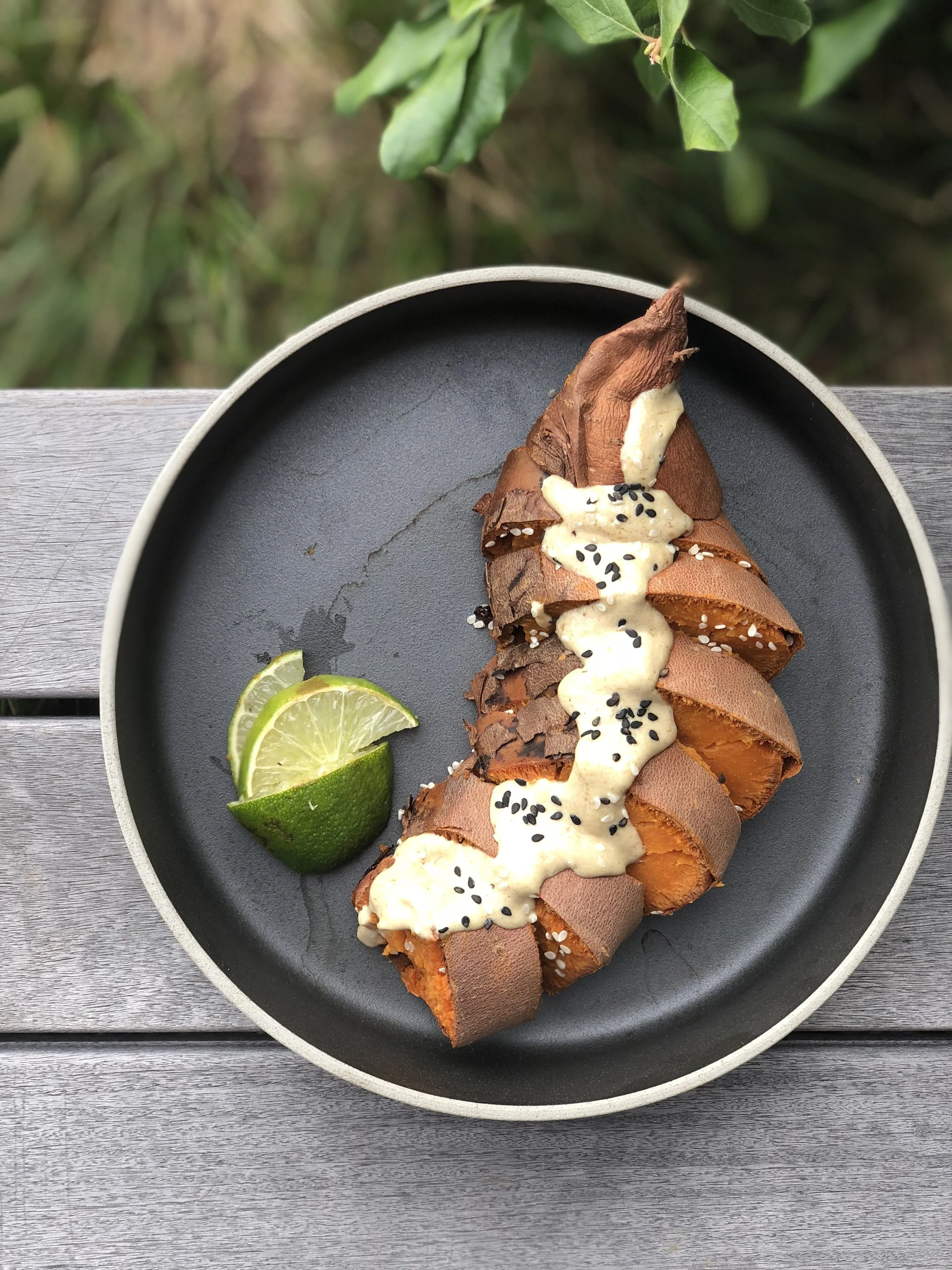 Baked Sweet potato with Ginger Tahini