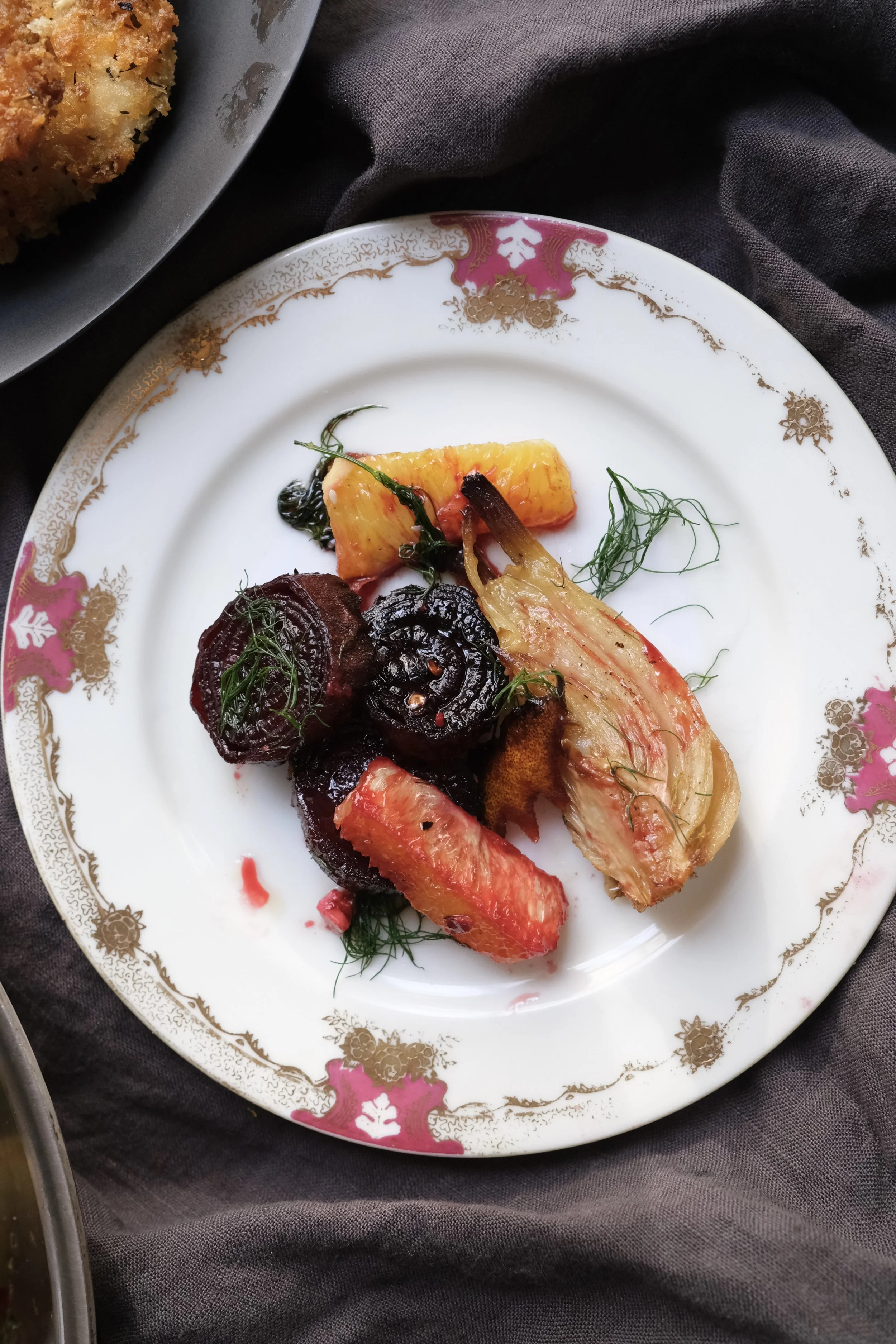 Reversed-Sear Citrus Beets with Roasted Radicchio, Honeyed Orange Glaze, and Pistachio