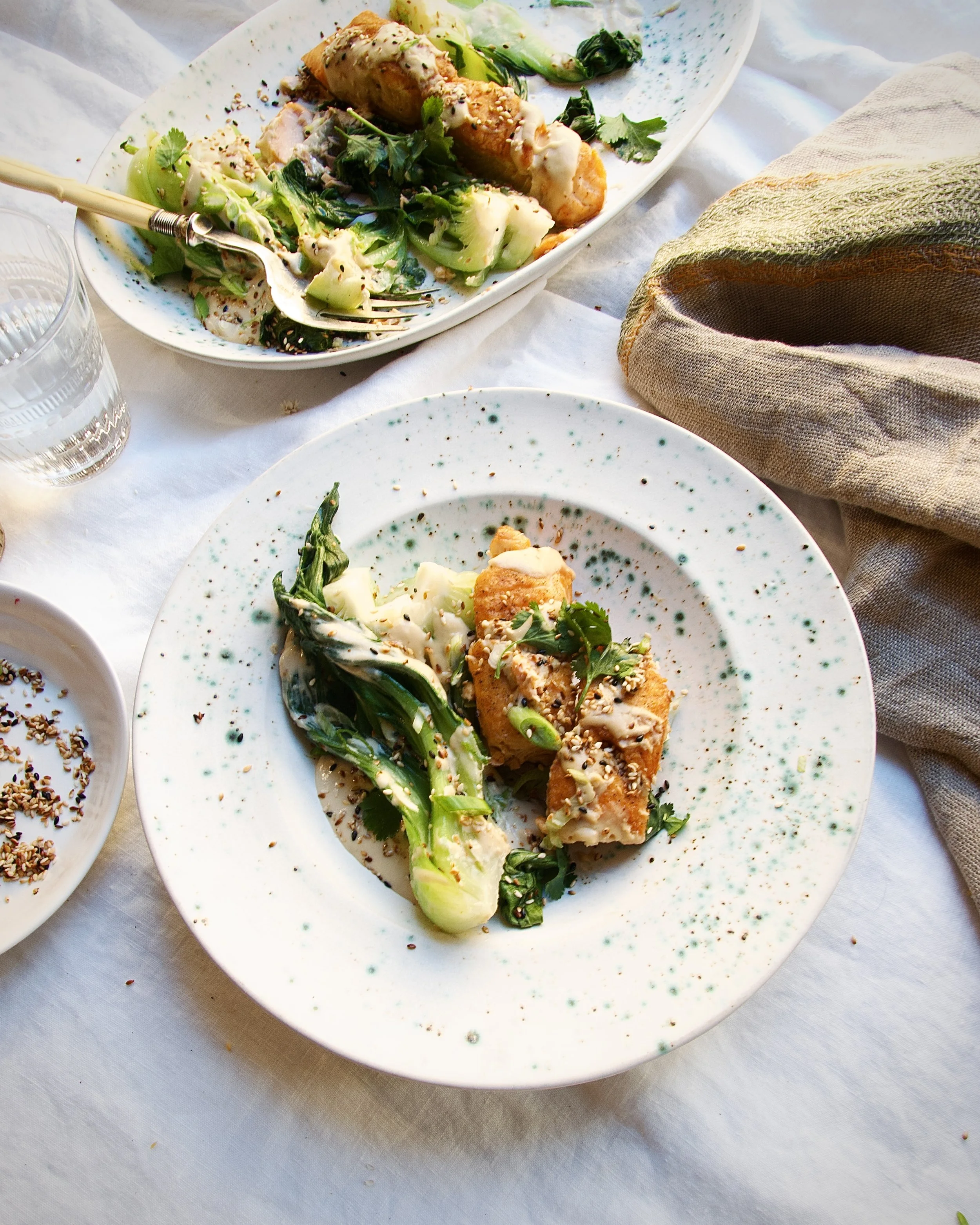 WILD SALMON WITH BOK CHOY and LEMON-TAHINI SESAME DRIZZLE