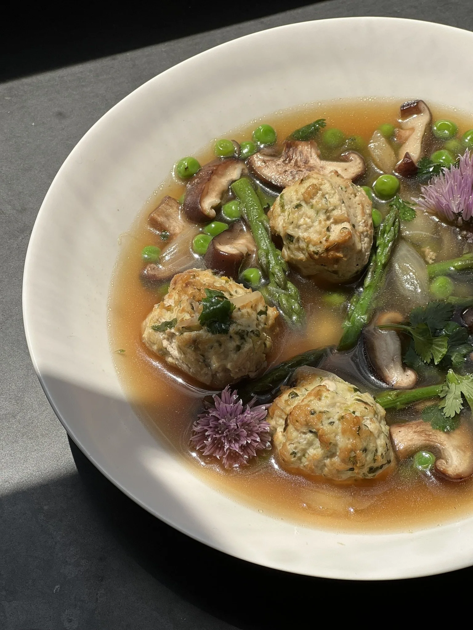 Chicken Polpette in Light Herb Broth with Spring Vegetables