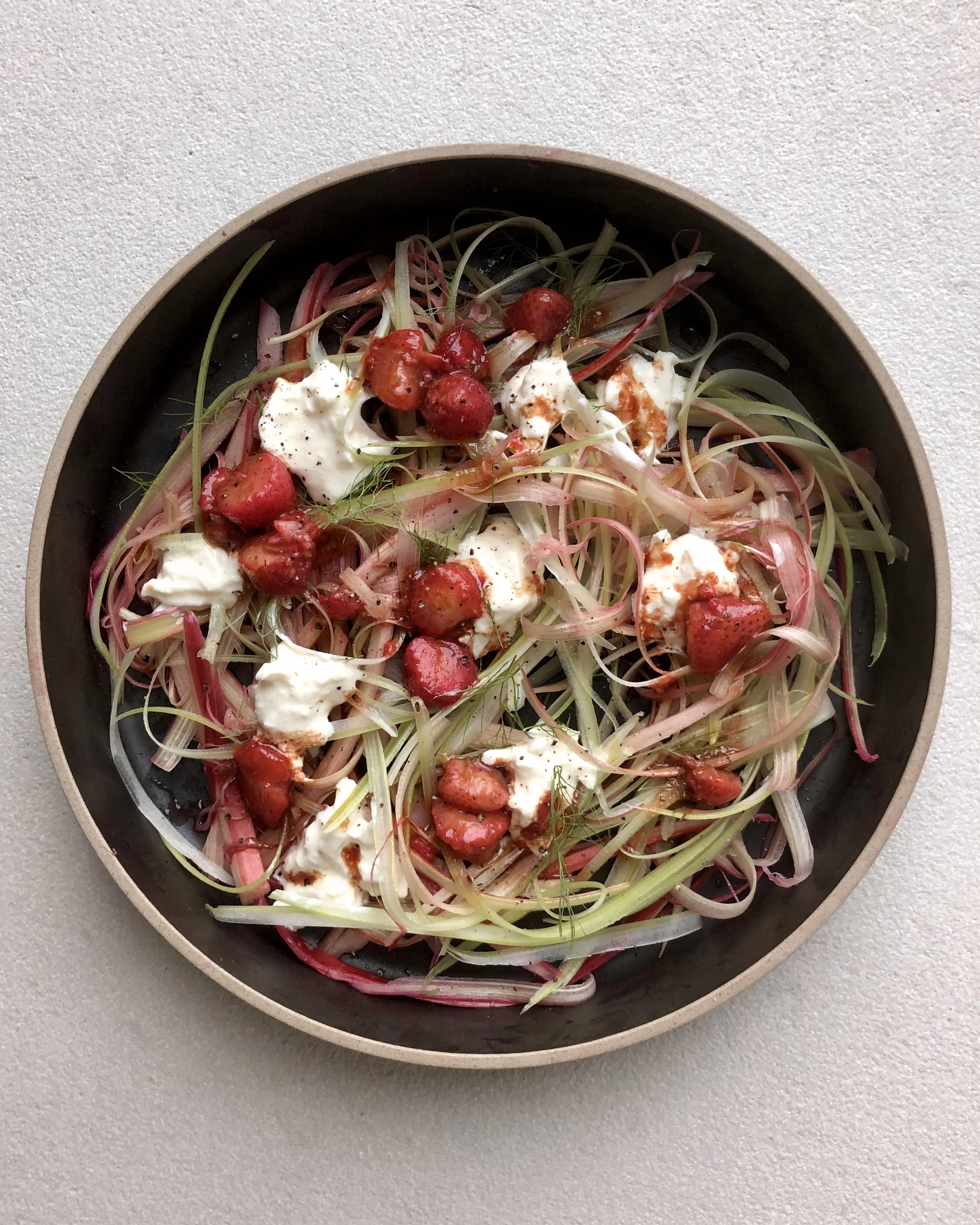 Shaved Rhubarb, Celery, Strawberry + Burrata Salad