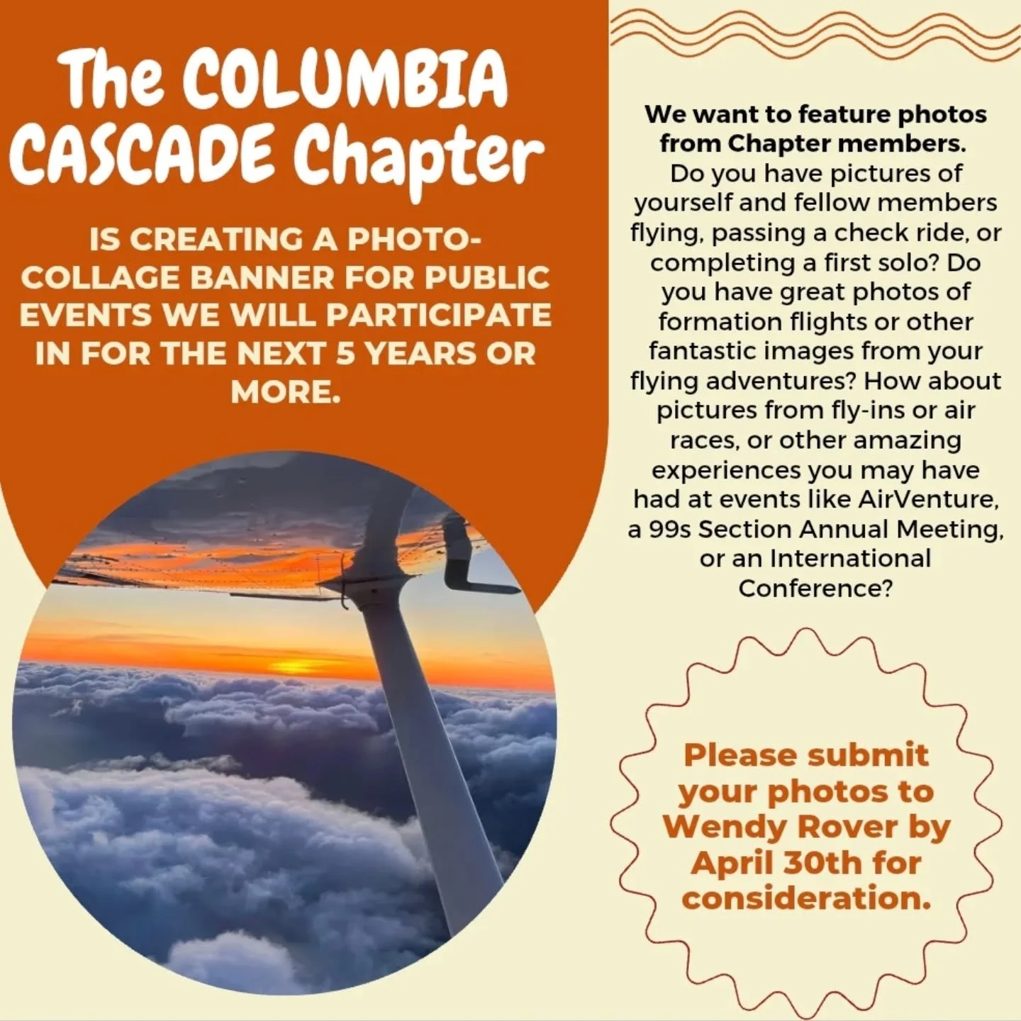 Please, submit your photo to Wendy Rover by April 30th 💥 ✈️