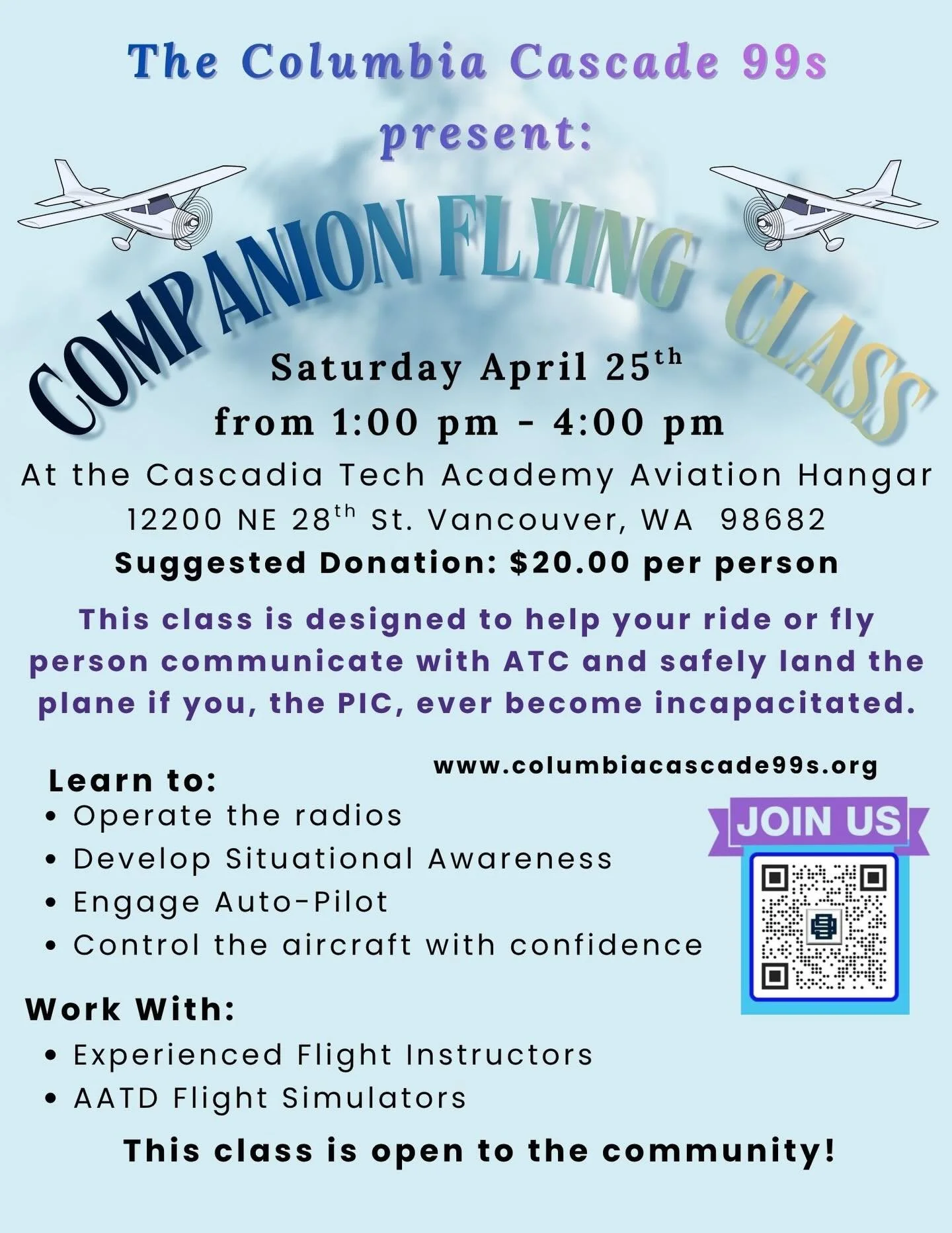 Join us Saturday April 25th for our companion flying seminar! 1-4:00 pm at Cascadia Tech in Vancouver. $20 suggested donation. WINGS credit available. Bring your friends, partner, parents, older kids and anyone interested in flying!