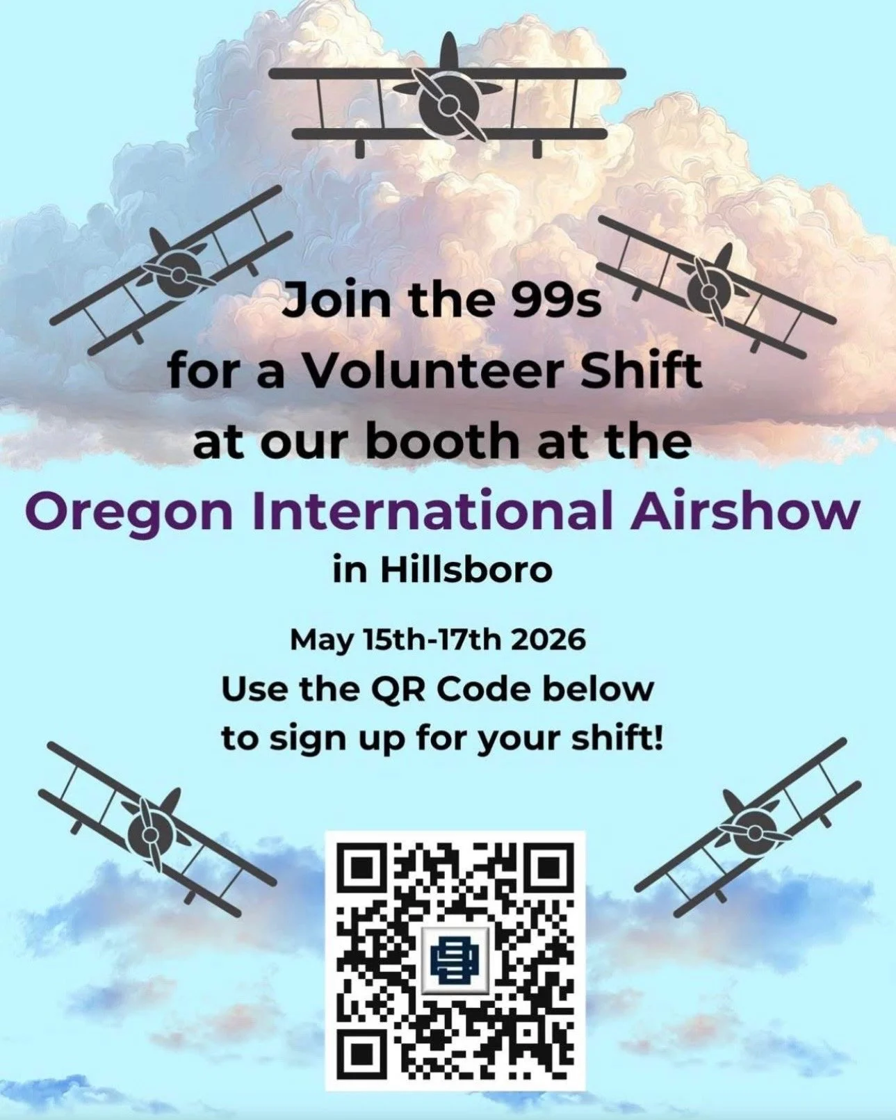 Join the 99s at the Oregon International Airshow next weekend! Volunteers needed. Sign up: https://docs.google.com/forms/d/e/1FAIpQLSdzPqyM8Mv1H17sxNeZ_pS9RmCHfKUwq94o5EWGD672tjrEcg/viewform