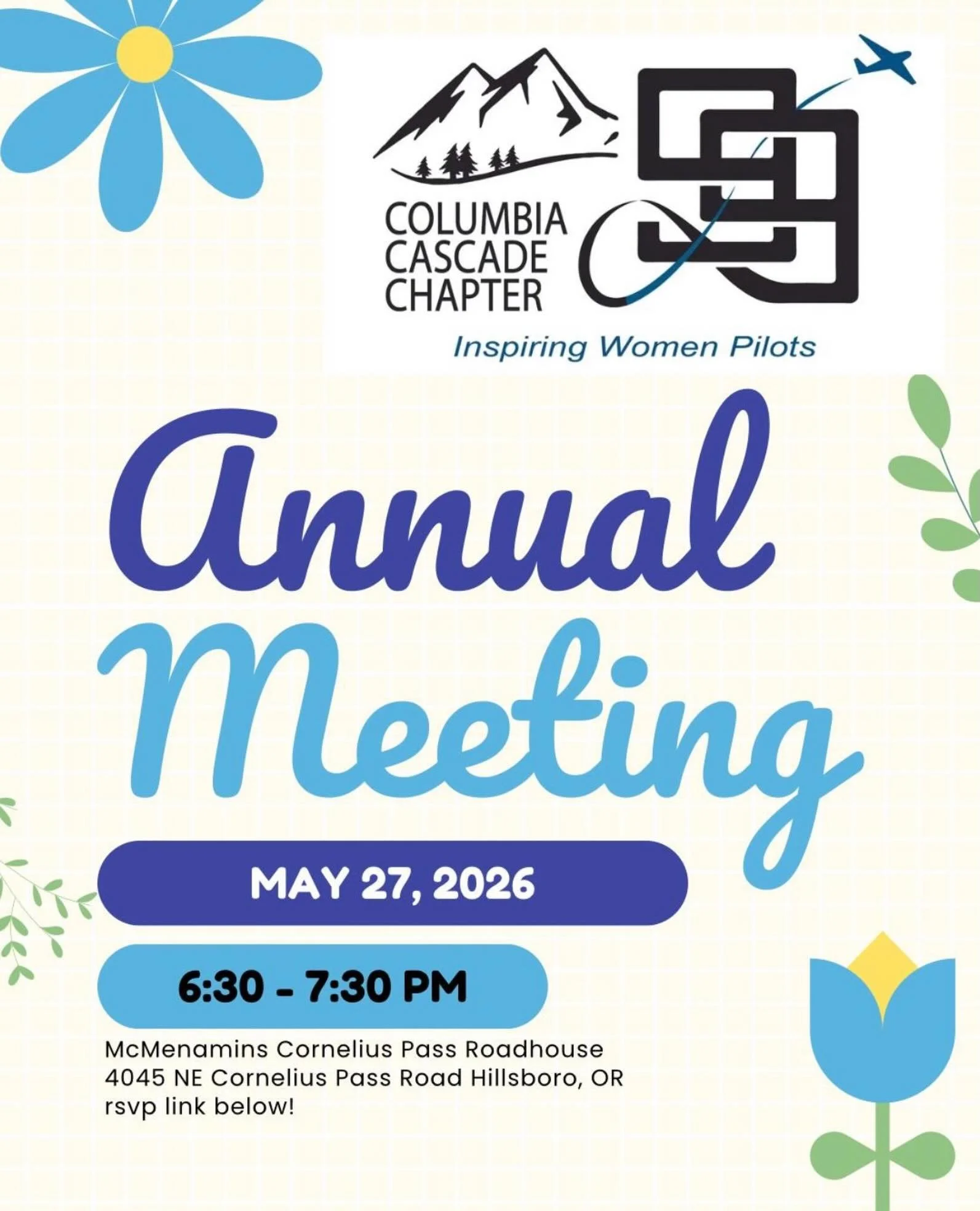 We are hosting our annual meeting on Wednesday, May 27 at the McMenamins Cornelius Pass Roadhouse at 6:30pm

https://www.mcmenamins.com/cornelius-
pass-roadhouse/home/about-cornelius-pass-roadhouse

4045 NE Cornelius Pass Rd, Hillsboro OR
97214
Pleas