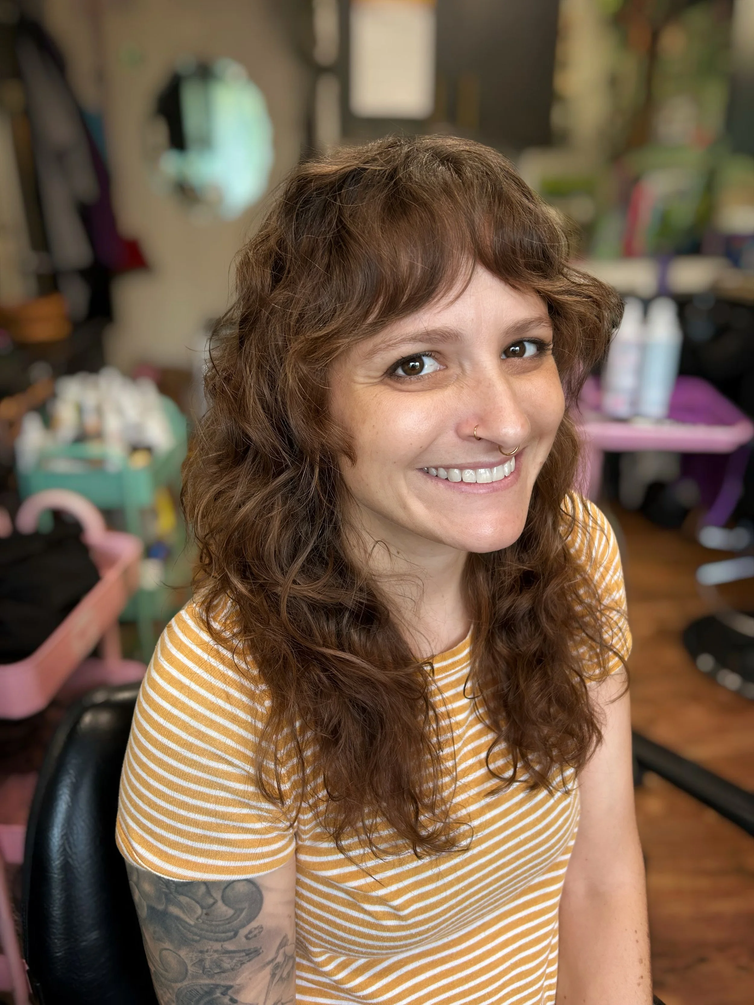 shag haircut wavy hair fine hair long bangs curtain bangs minneapolis razor cut hairstylist