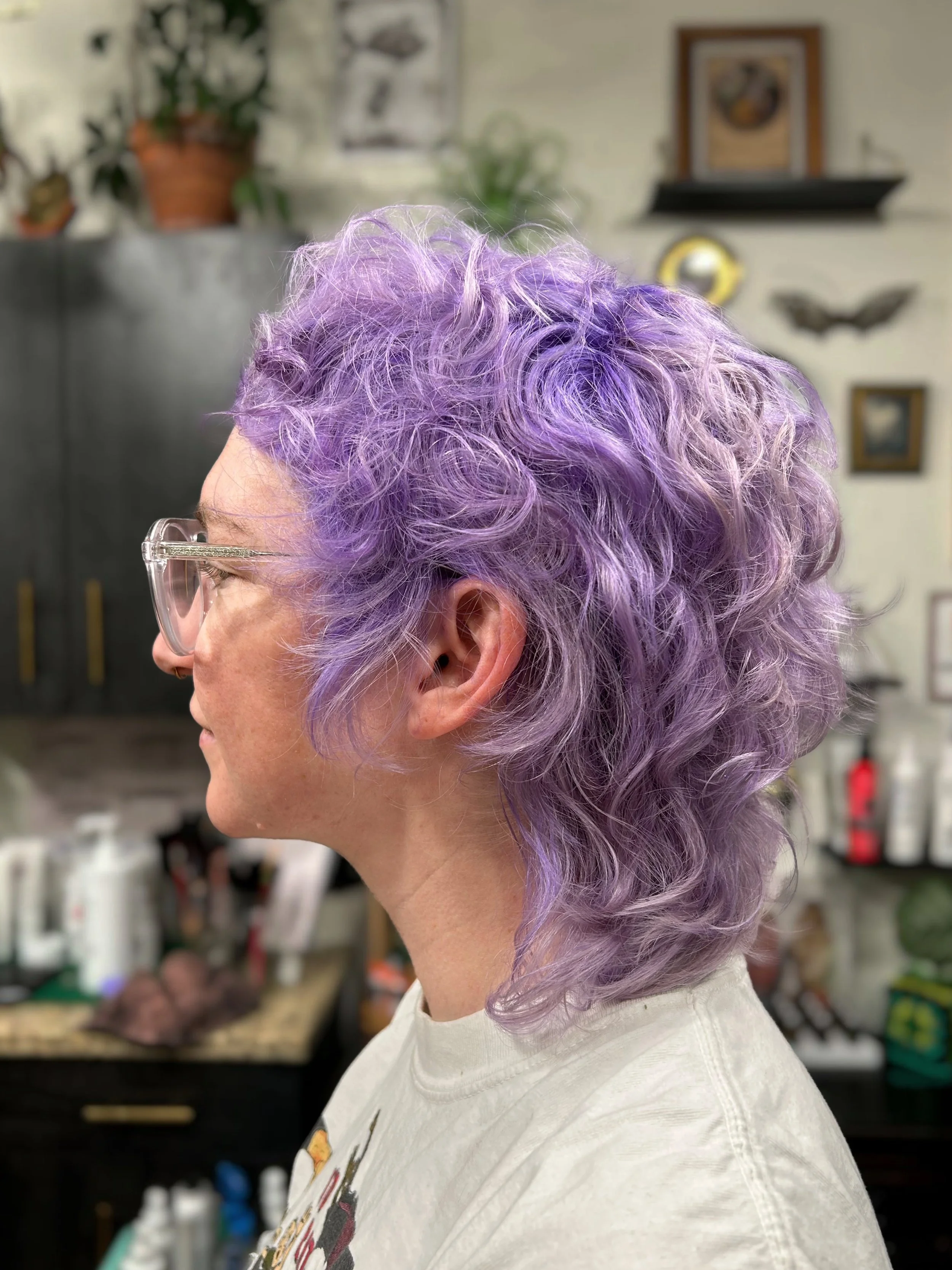 purple hair minneapolis hairstylist lavender lilac haircut wavy hair shag mullet ringlet bleach and tone