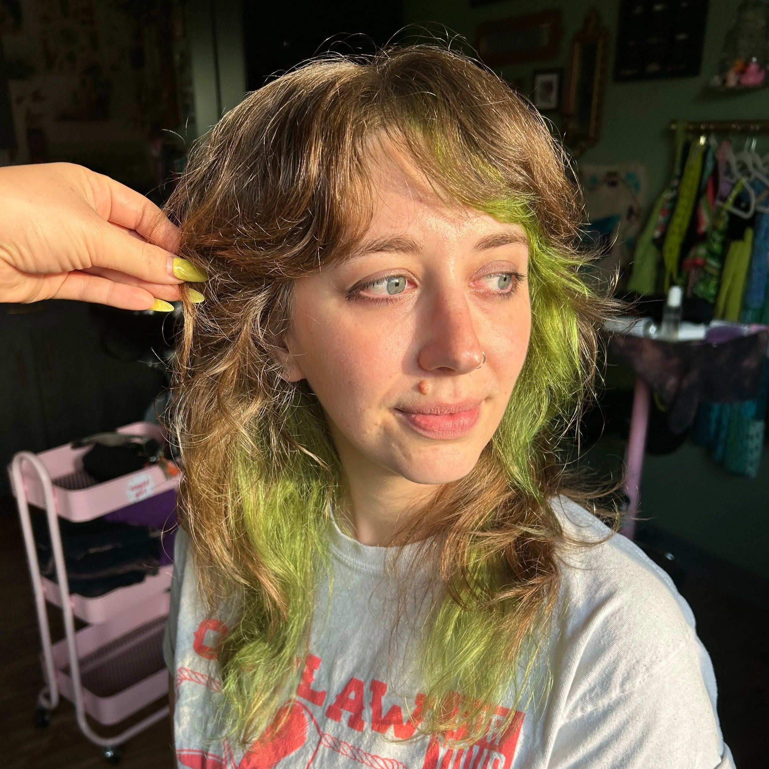 green hair colorblock natural healthy hair swamp green shag haircut minneapolis hairstylist