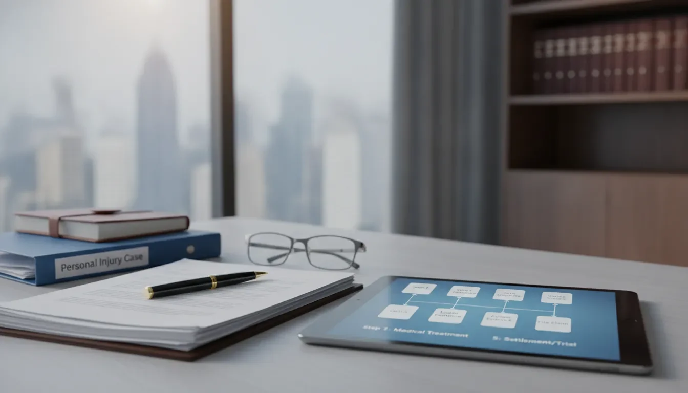 Personal injury claim documents beside a tablet showing the claims process.