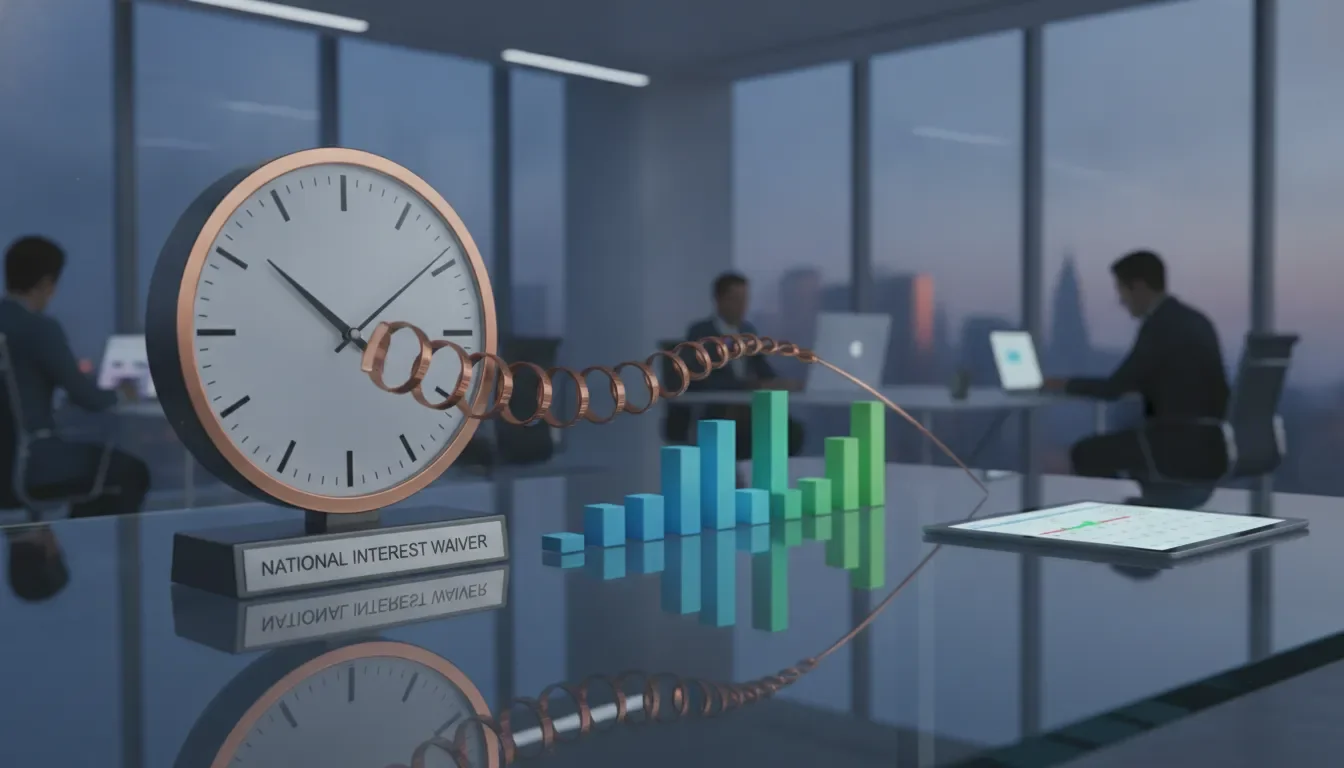 Clock beside a bar graph on an office desk, representing national interest waiver processing time.