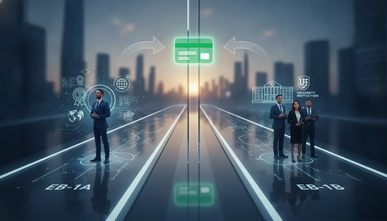 Professionals on separate paths represent EB-1B vs. EB-1A green card options against a cityscape.