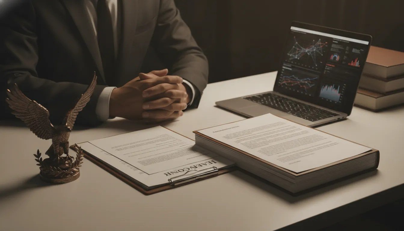 EB-1B visa attorney at a desk with legal documents and a laptop displaying data charts.