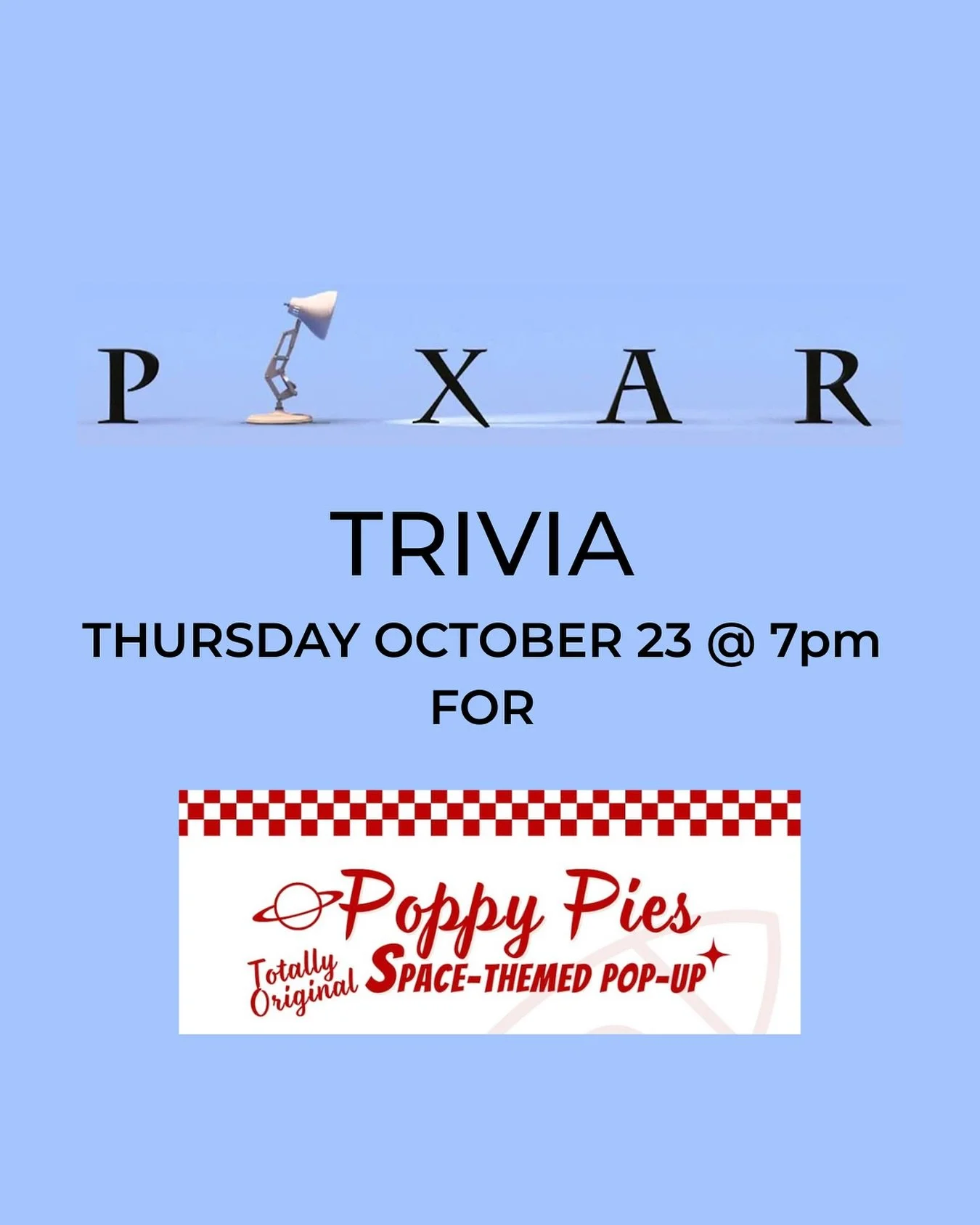 Join us this Thursday for Pixar-themed Trivia in the taproom at 7pm! This special trivia coincides with @poppypiespizza Totally Original Space-Themed Pop-Up running from October 22 - November 2 with arcade games, out-of-this-world food and drink spec