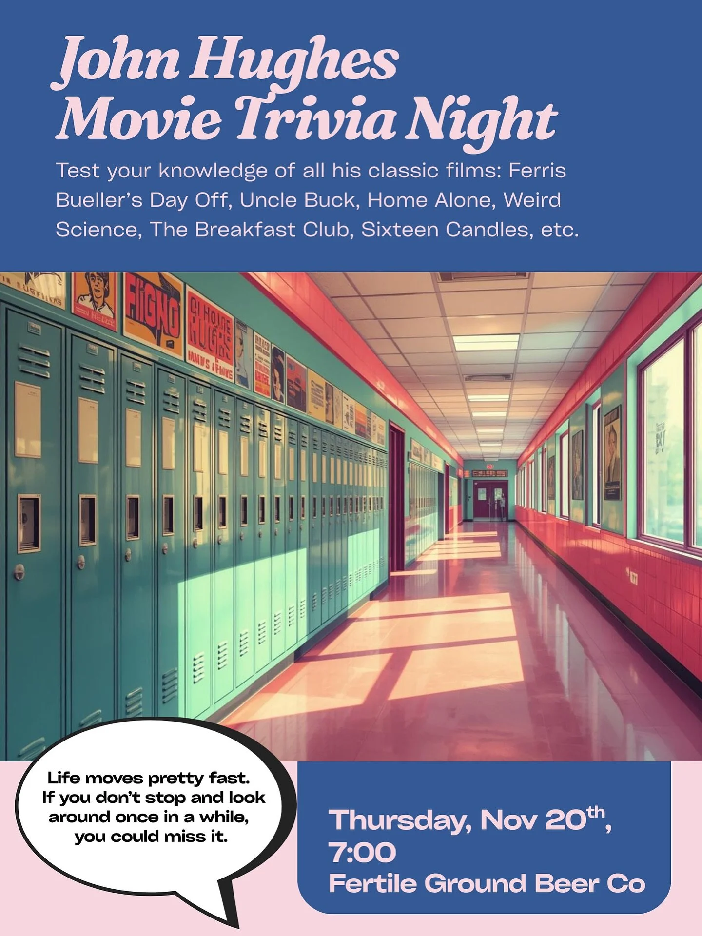Join us TONIGHT at 7 for taproom trivia! It&rsquo;s John Hughes&rsquo; Movie themed, so let&rsquo;s see how big of a fan you are of Ferris Bueller, Home Alone, The Breakfast Club, and many more! 

Free to play and the winning team gets a $100 taproom