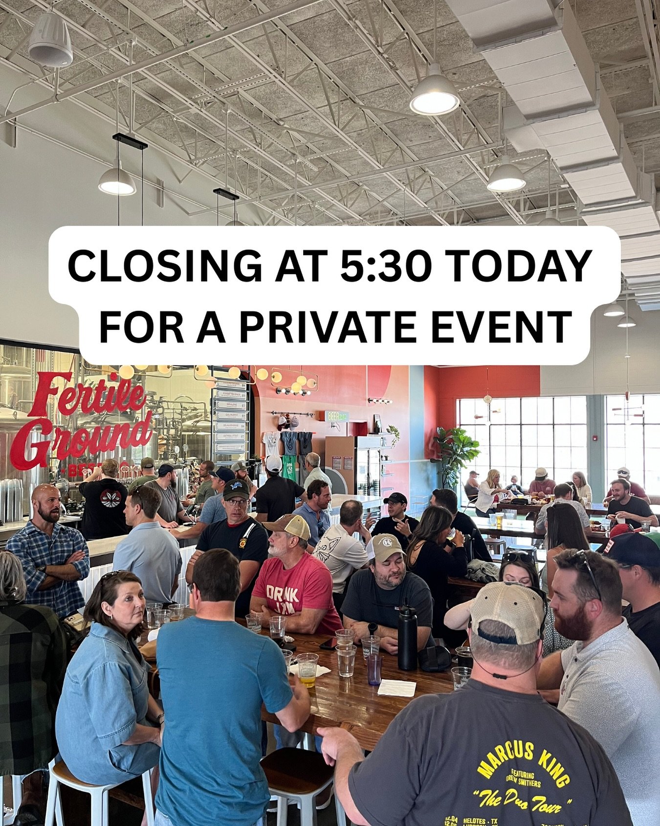 We&rsquo;re closing early today (Sunday) at 5:30 for a private event. We&rsquo;ll be open 12-5:30 today and back to regular hours Monday. 

Email shannon@fertilegroundbeer.com for info on private events!