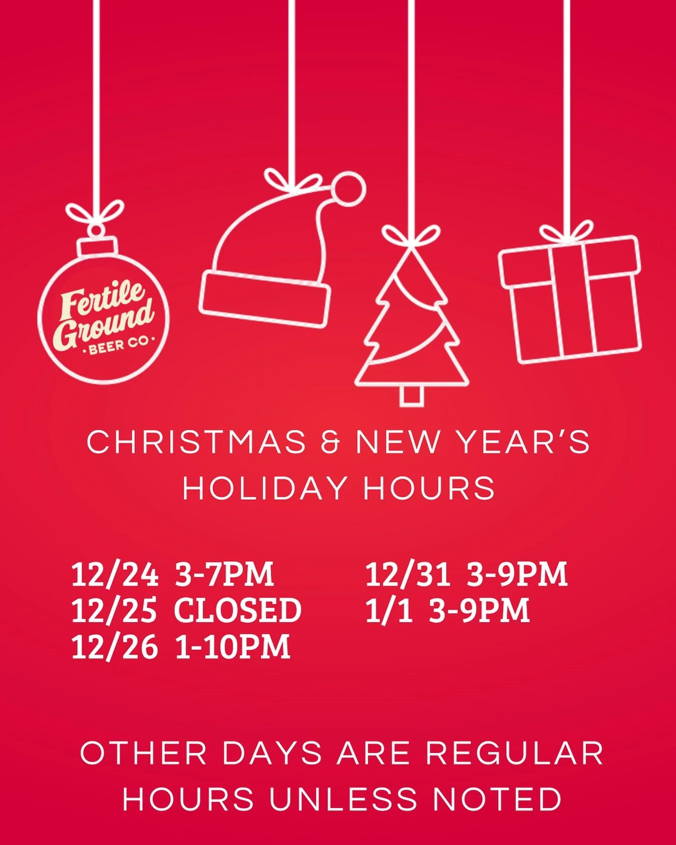 The holidays are a great time to visit your hometown brewery! We&rsquo;ve got modified hours for Christmas and New Year&rsquo;s, check out the schedule above and make plans to swing through! Come stock up on beer for the holidays too, our to-go coole