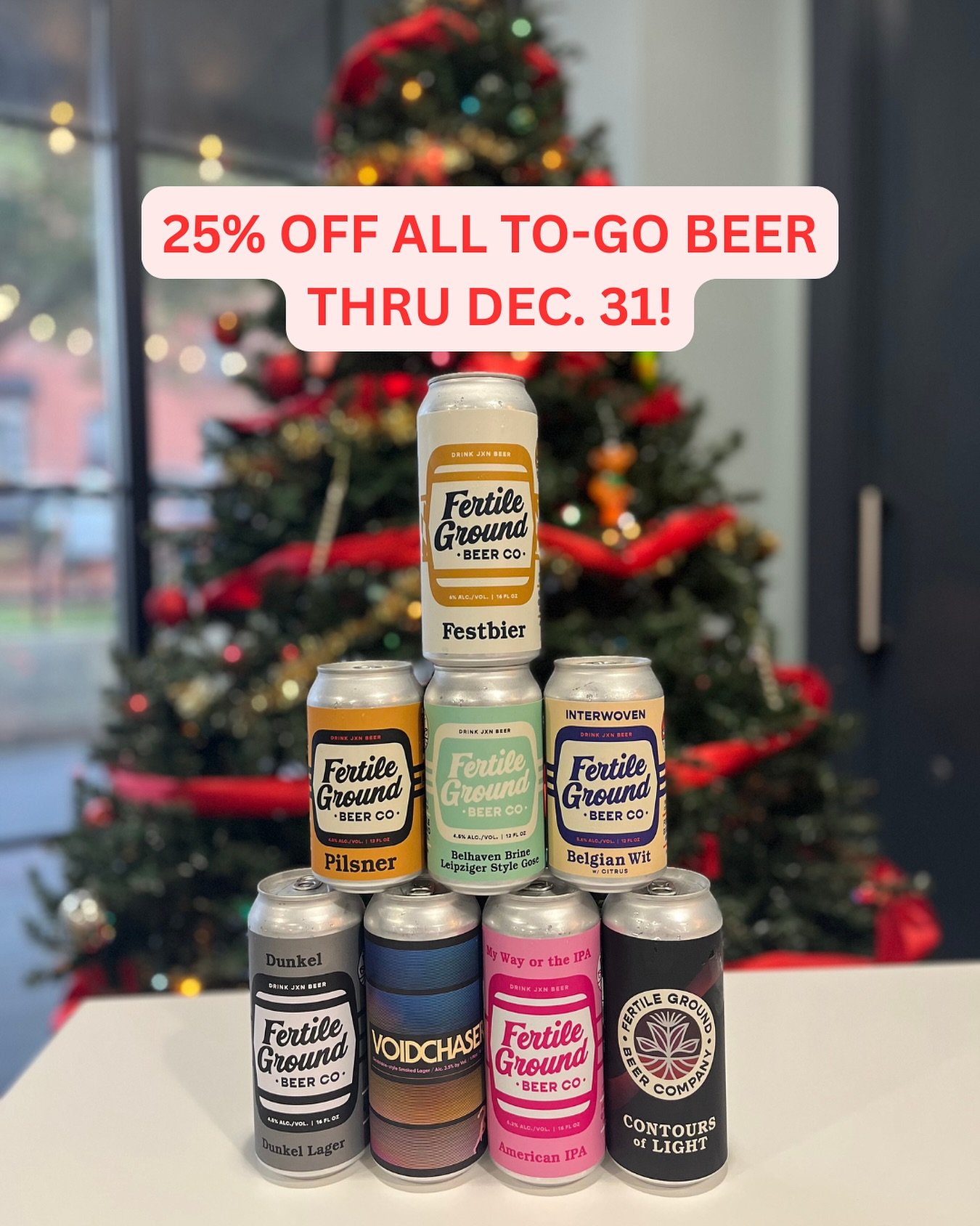 🎄Now through Dec 31 get 25% OFF all to-go beer in the taproom! It&rsquo;s the perfect time to stop by your hometown brewery for a beer and stock up for the holidays!

Cheers y&rsquo;all and thank you for a wonderful year! 

*beer has been discounted