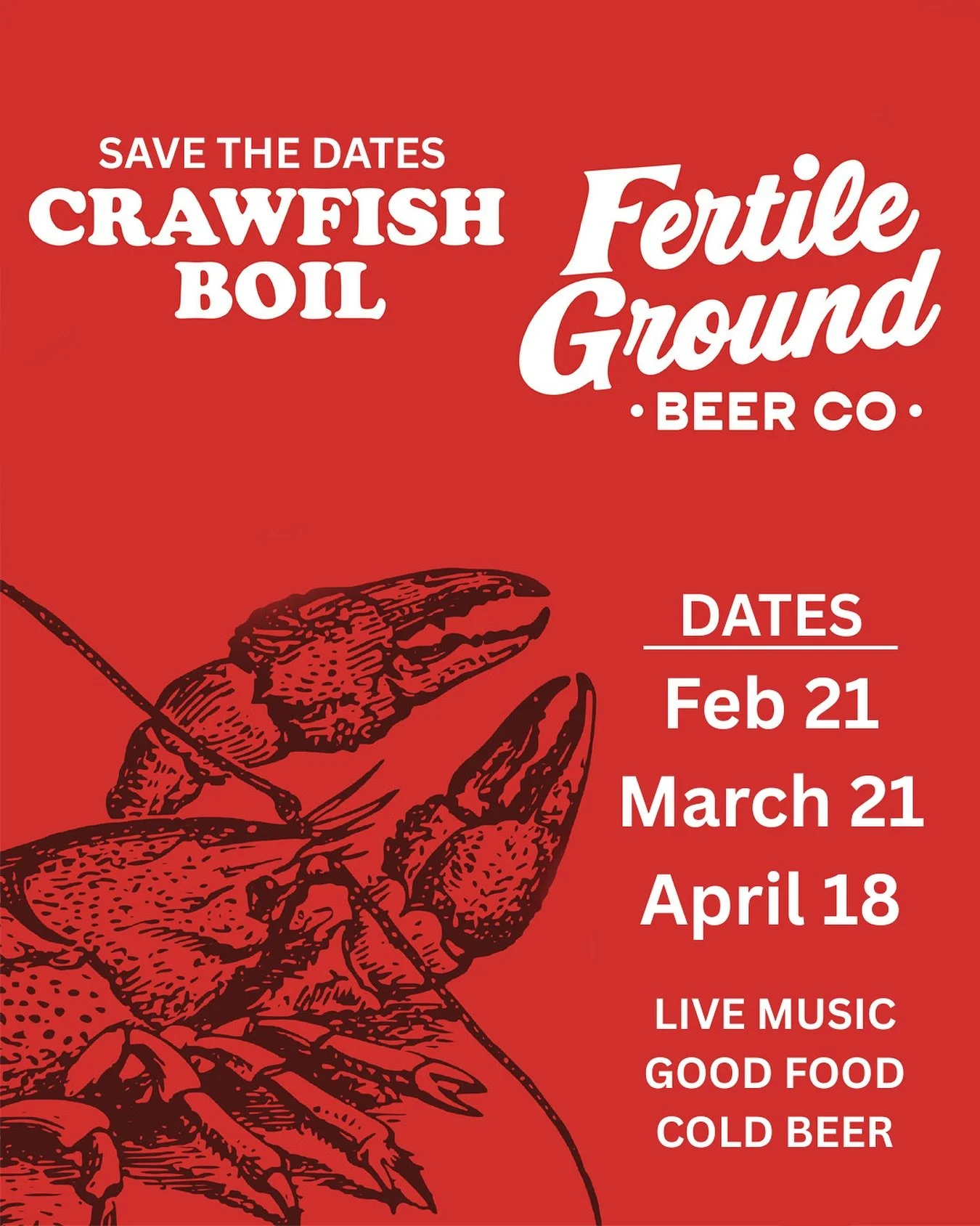 🦞🍻It&rsquo;s almost crawfish season!! Mark your calendar for 3 boils at the brewery coming up soon! We&rsquo;ll have live music, cold beers, and plenty of mudbugs at each boil for you and all your friends! 

We&rsquo;ll have the street blocked off 
