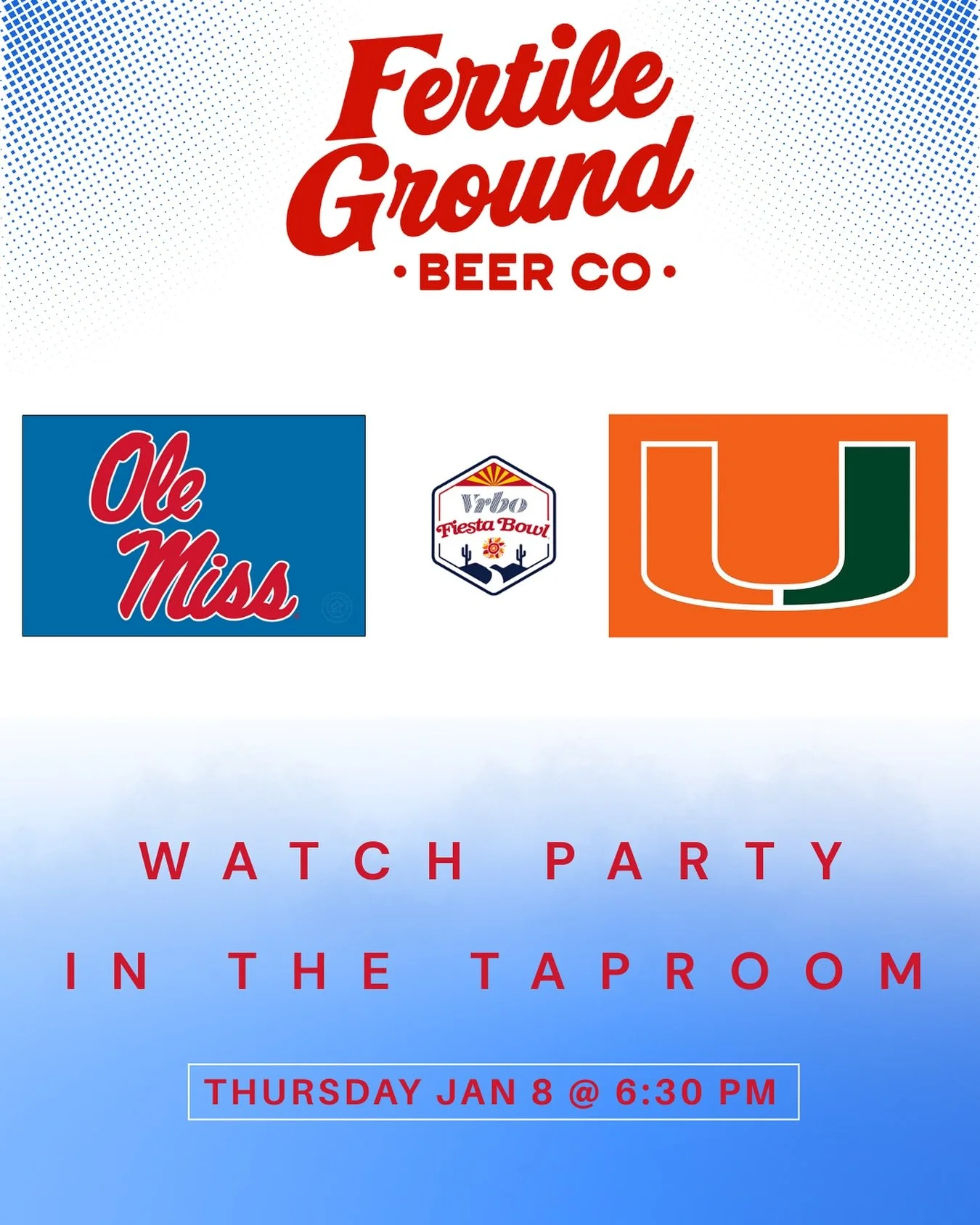 Come watch @olemissfb v @canesfootball in the @fiesta_bowl this Thursday at 6:30 in the taproom! You can watch the game anywhere, but the FG taproom is the only spot with our full lineup of locally made beer on draft! 

Snag some food from our neighb