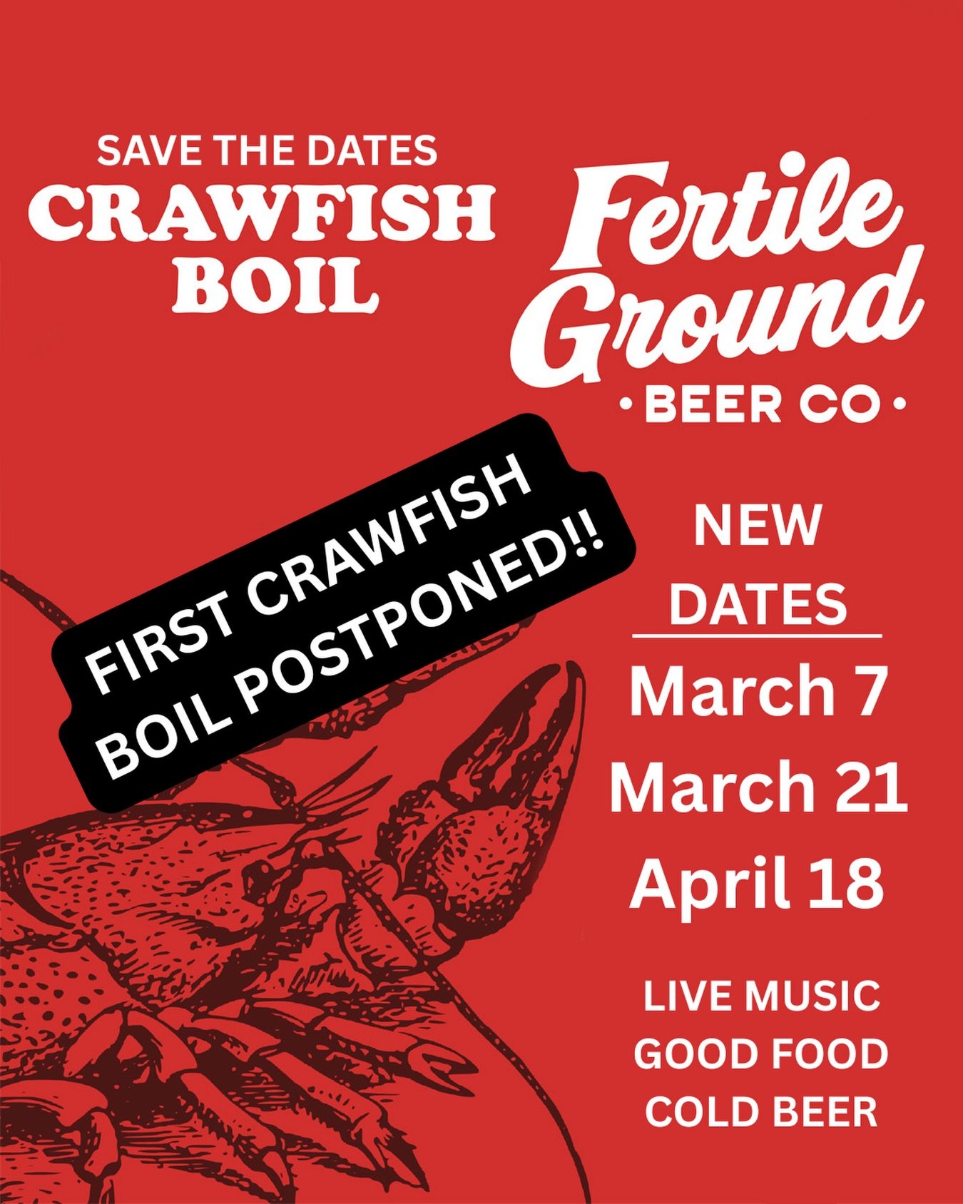 Reposting to get the word out: Sad news folks, due to the recent cold snap there&rsquo;s a shortage of crawfish this early in the season so we are pushing our first boil back to March 7. We&rsquo;ll still be open all weekend and will have the @olemis