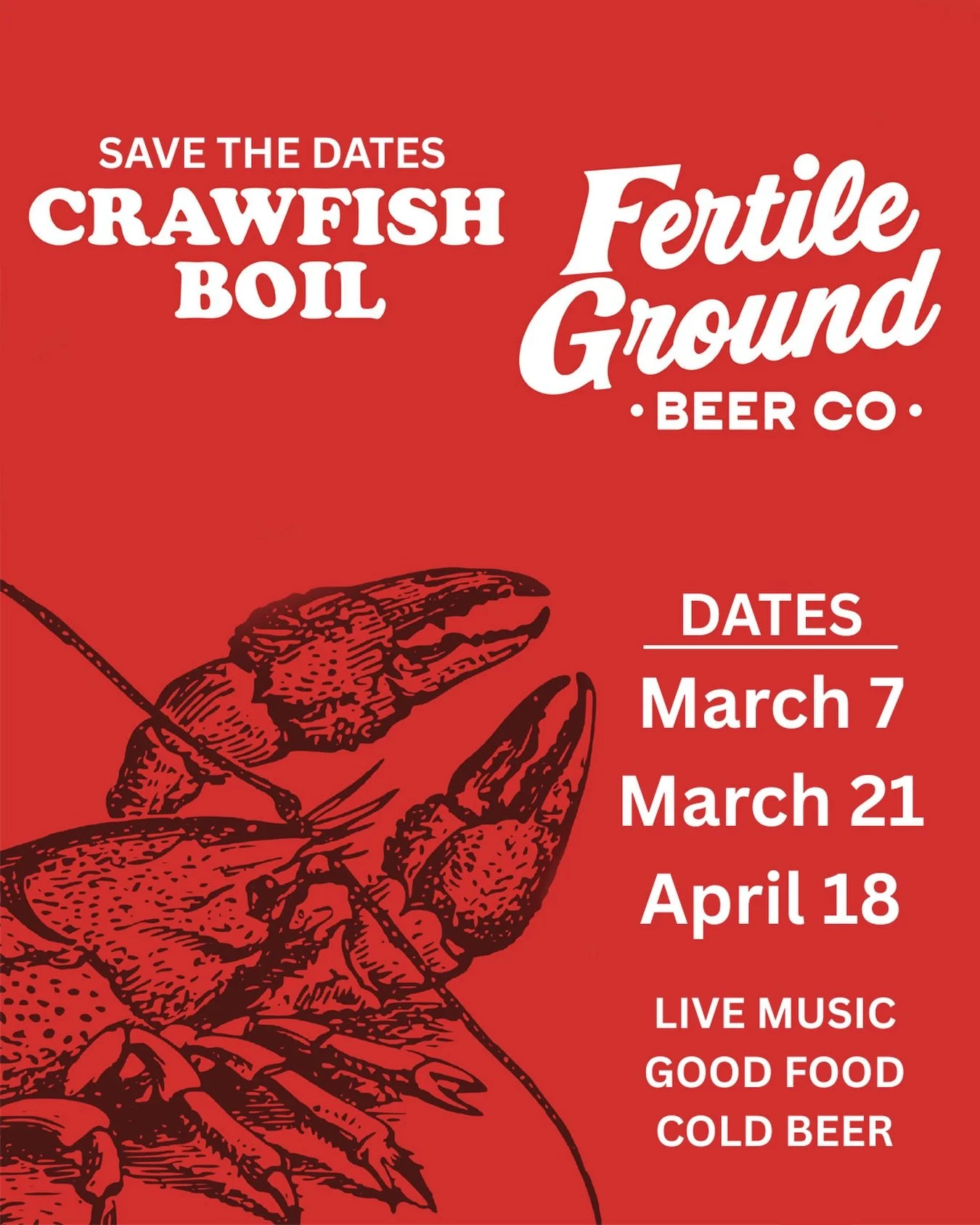CRAWFISH BOIL THIS SATURDAY AT FG!! Join us this Saturday, March 7 for our first boil of the year! Doors open at 11, crawfish available from @mudbugs047 starting at 12pm, and live music with TB Ledford and the Accumulators starting at 12pm!

Plus we&
