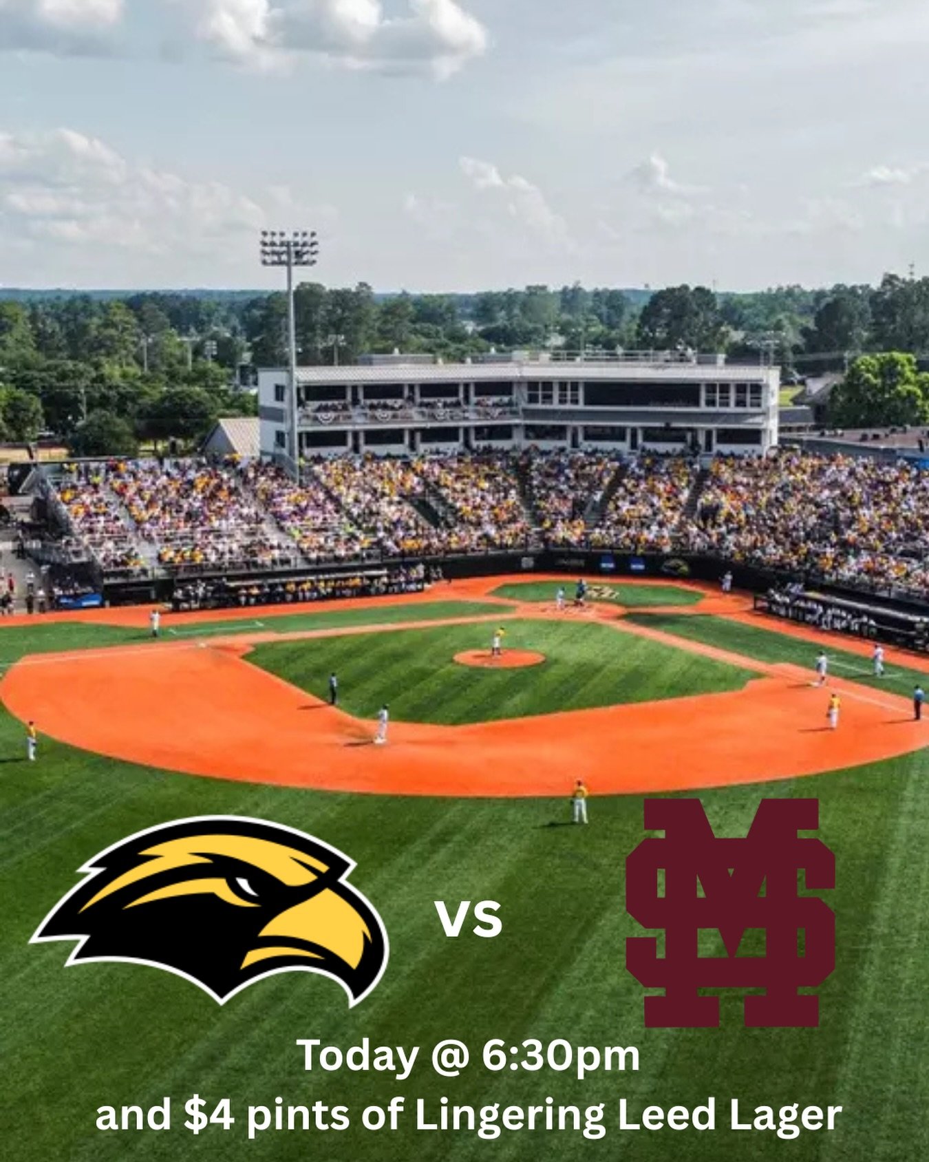 Come watch @hailstatebb vs @southernmissbsb today in the taproom at 6:30 PLUS get $4 pints of Lingering Leed Lager all day today!