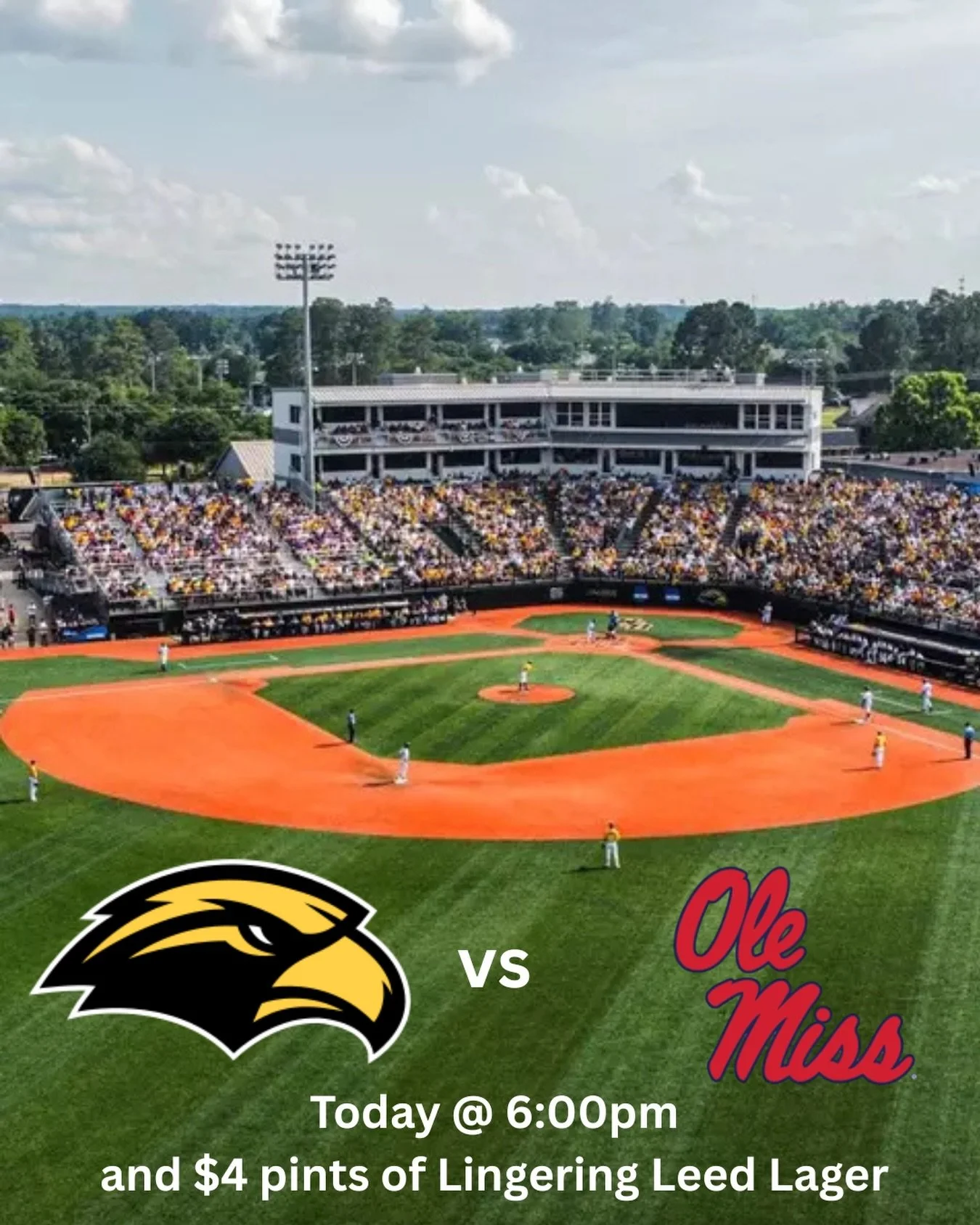 Join us tonight for the @southernmissbsb v @olemissbsb game at 6, and also the @hailstatebb v @greenwavebsb at 6! Plus enjoy $4 pints of Lingering Leed Lager all day!