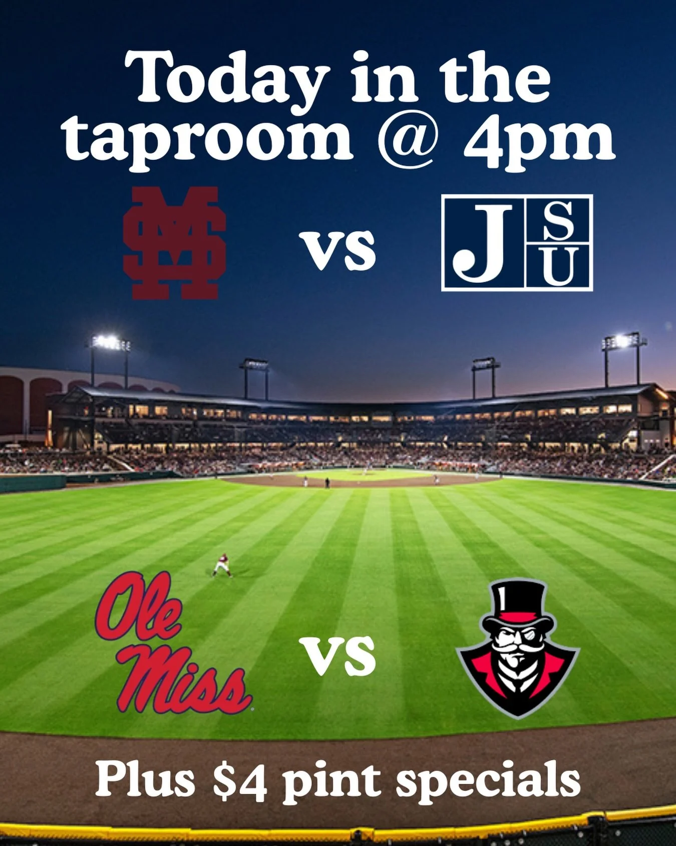 College baseball is back in the taproom with @hailstatebb v @gojsutigersbaseball and @olemissbsb v @govsbsb both at 4pm today! PLUS enjoy $4 pints of FG Pilsner and Dunkel today!