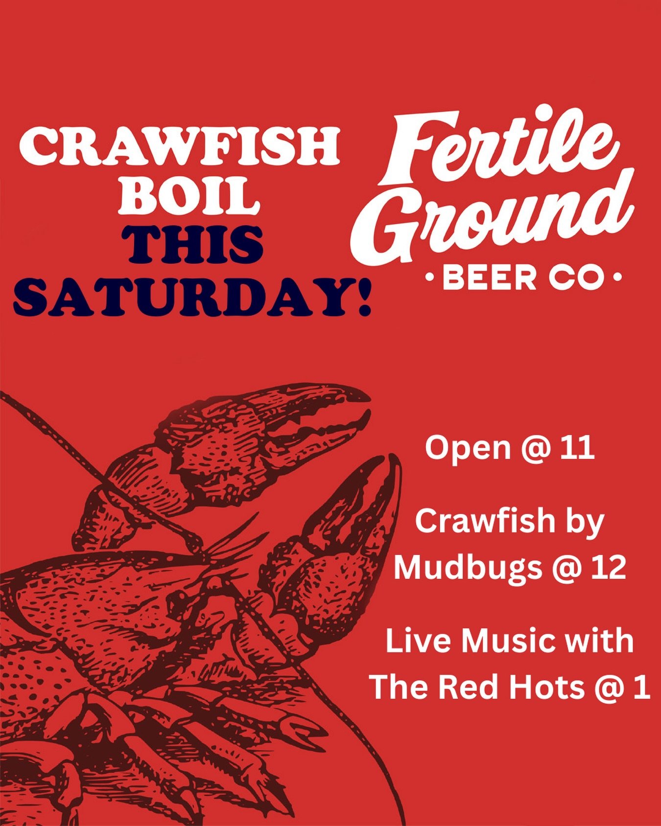 Be there!! Weather is looking 🌞 and the 🦞 from @mudbugs042 will be perfect with some FG beer. Doors open at 11, crawfish starting at 12, and live music with @theredhotsms at 1!