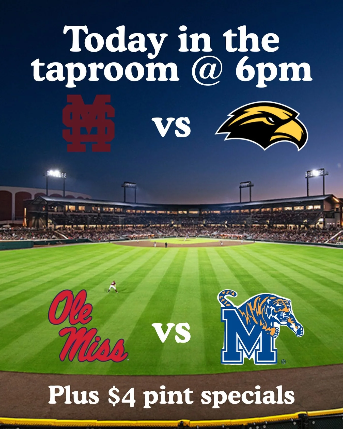 Join us today for @hailstatebb v @southernmissbsb and @olemissbsb v @memphisbaseball today at 6 in the taproom! Plus we&rsquo;ll have $4 pint specials of Gail Murphy Irish Red Ale and Lingering Leed Lager all day today!