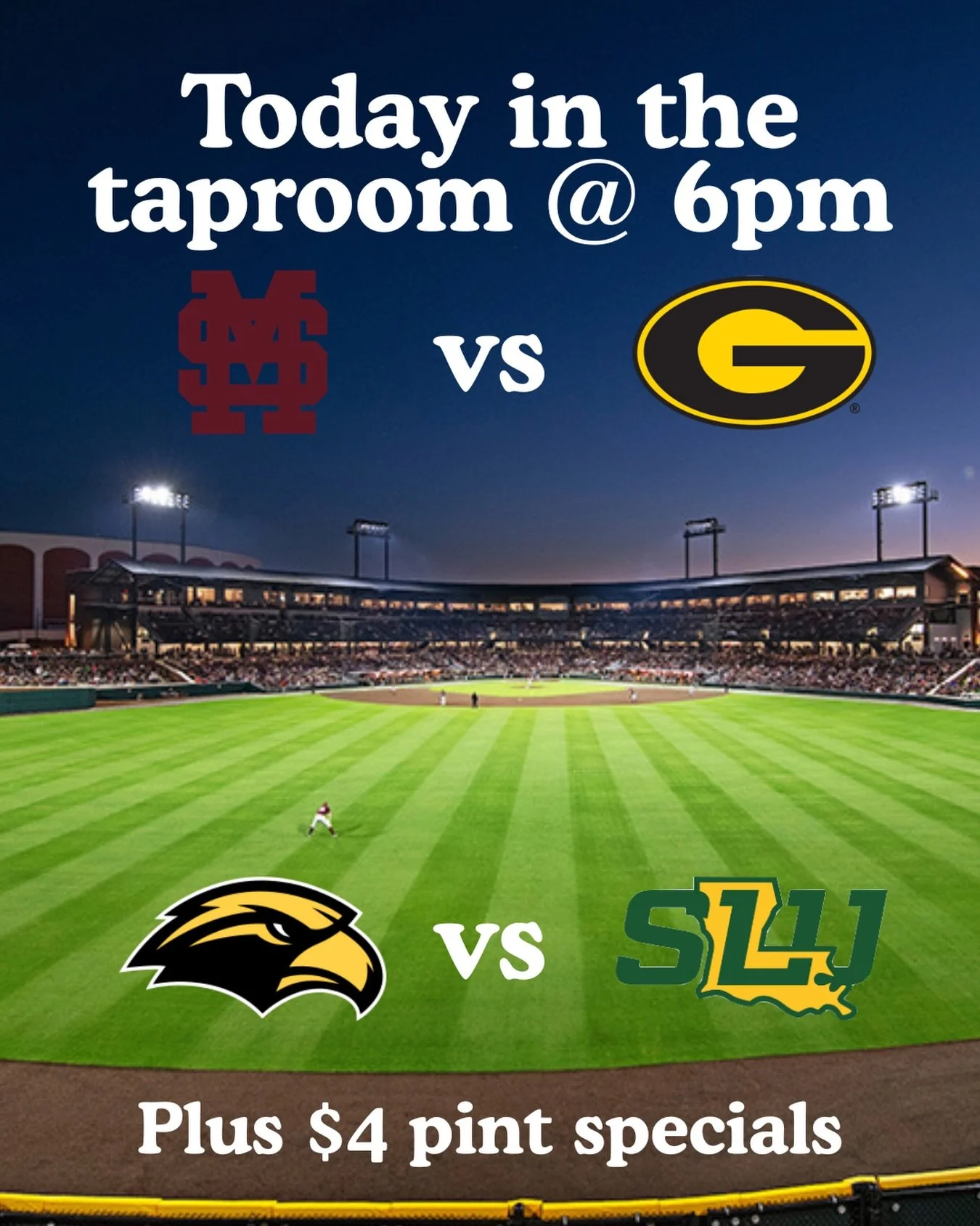 Come watch @hailstatebb v @gramst_baseball and @southernmissbsb v @lionupbaseball at 6pm today in the taproom! PLUS enjoy $4 beer specials of Mismo Mexican Lager and Gail Murphy Irish Red Ale today!