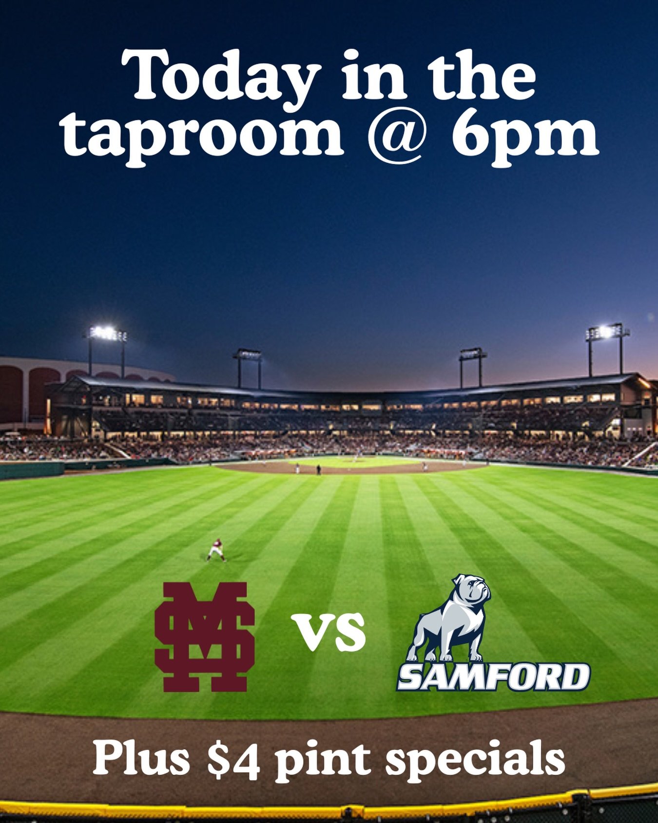 Come watch some college baseball in the taproom tonight! We&rsquo;ll have the @hailstatebb v @samfordbaseball game on at 6! PLUS enjoy $4 pints of Lingering Leed Lager and Mismo Mexican Lager all day in the taproom today!