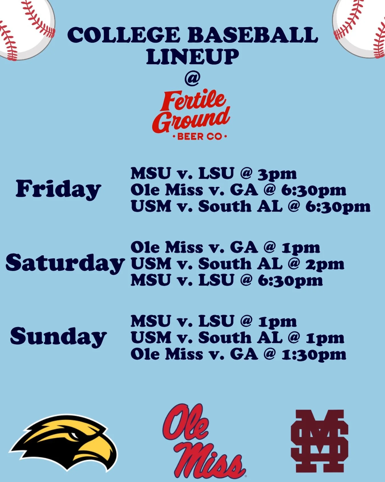 We&rsquo;ll have all the games on in the taproom this weekend, come grab a pint and cheer on your team!
SCHEDULE UPDATE: @hailstatebb plays at 3pm Friday

Also it&rsquo;s Fill Your Fridge Friday! Buy any 6-pack or 4-pack of to-go beer and get a FREE 