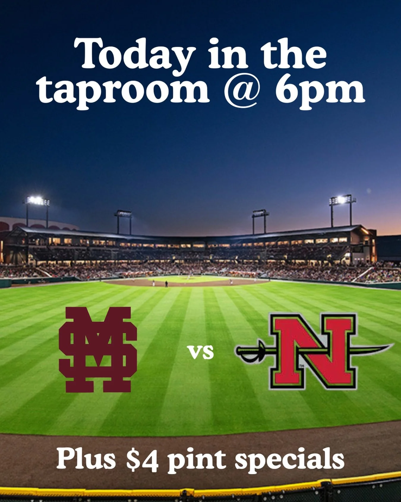Come watch the MSU v Nicholls game tonight at 6, plus enjoy $4 pint specials of FG Pilsner and Lingering Leed Lager all day!