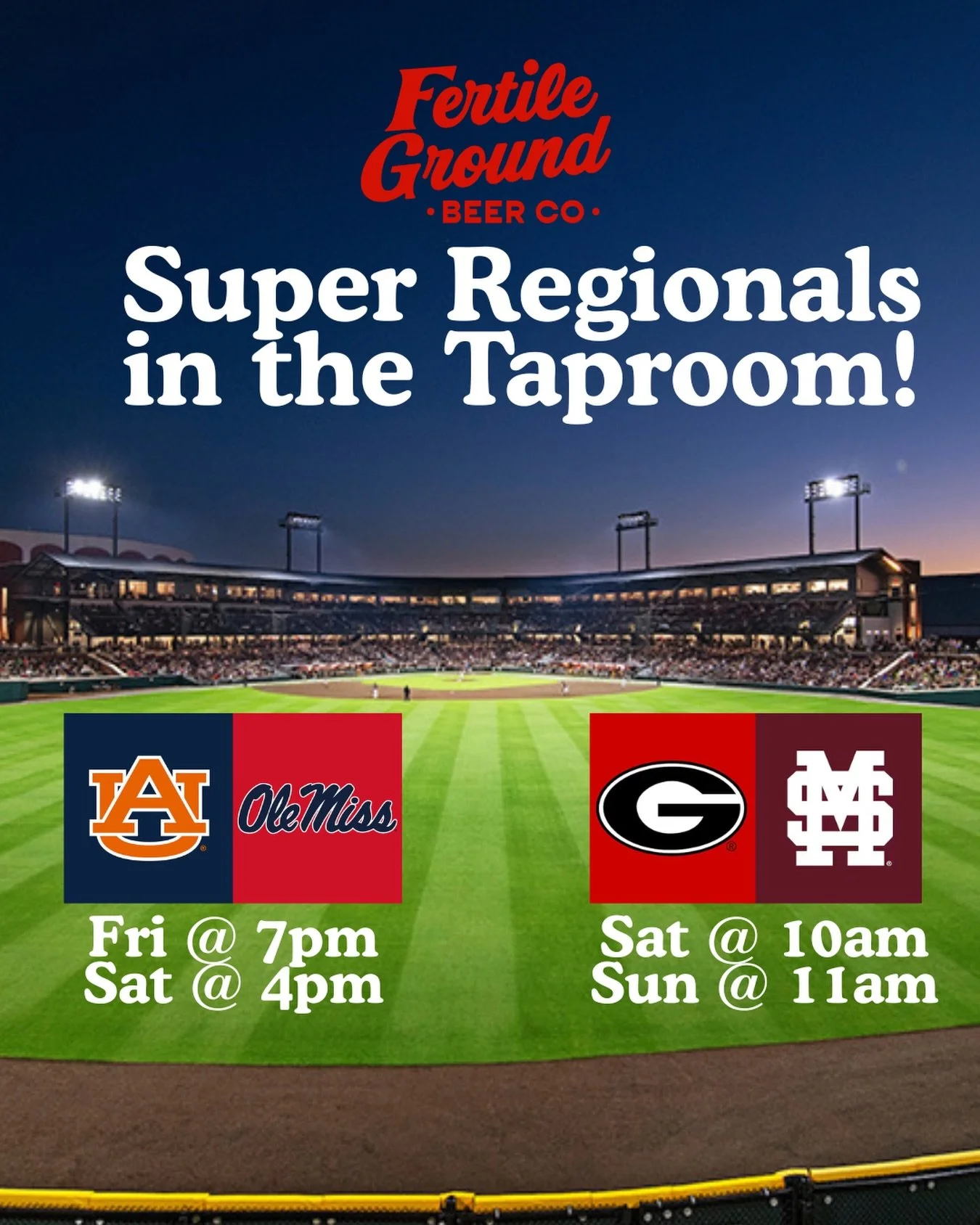 Come watch the @olemissbsb v Auburn games and the @hailstatebb v Georgia games in the taproom this weekend! We&rsquo;ll open early Saturday and Sunday for the MSU games too. Come grab a beer, or snag some coffee and breakfast from @cultivatecoffeepro